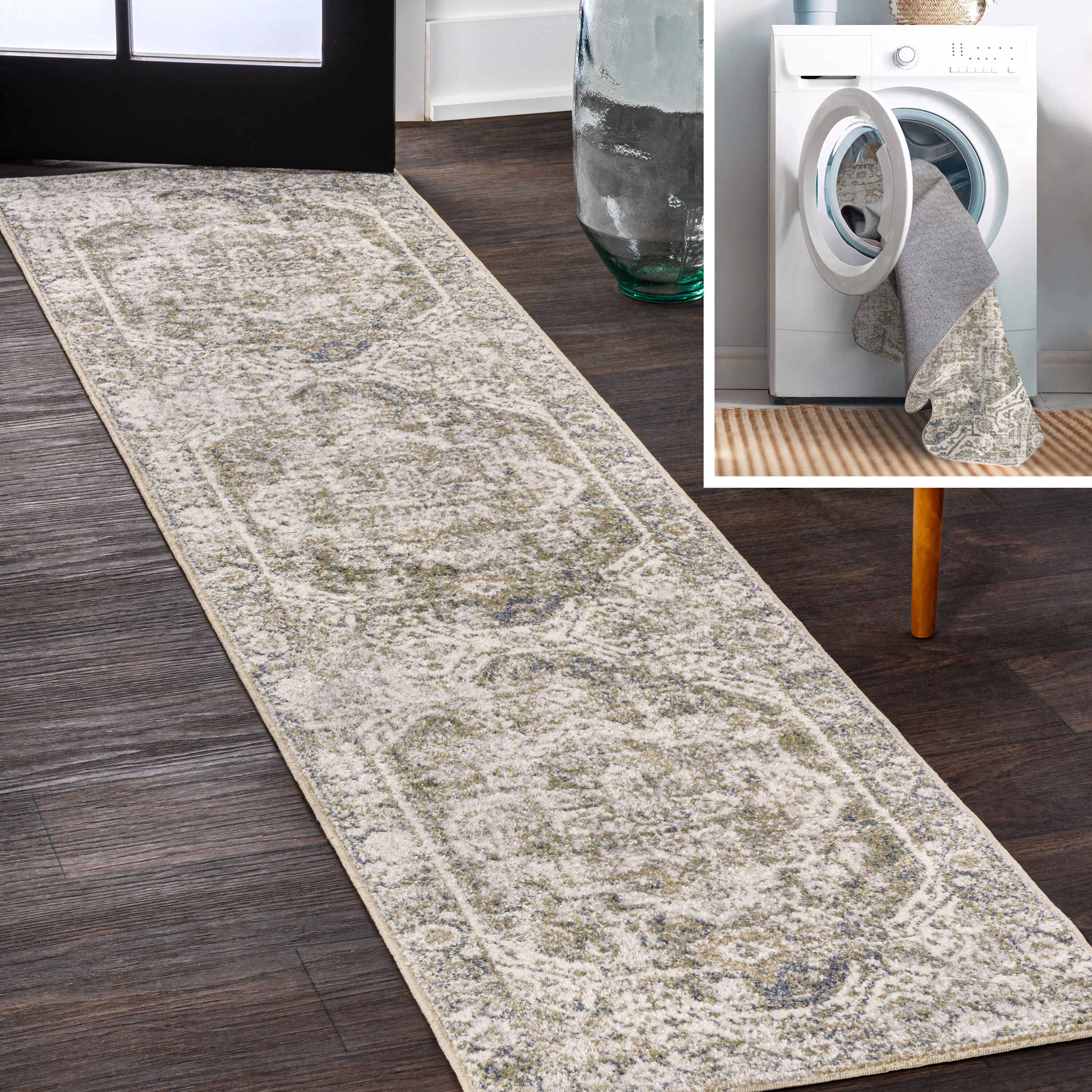 JONATHAN  Y WSH316C-28 WASHABLE Keesha Bold Distressed Medallion Low-Pile 2 x 8 (ft) Loomed Polyester Green/Cream Rectangular Indoor Medallion Persian Machine washable Runner rug