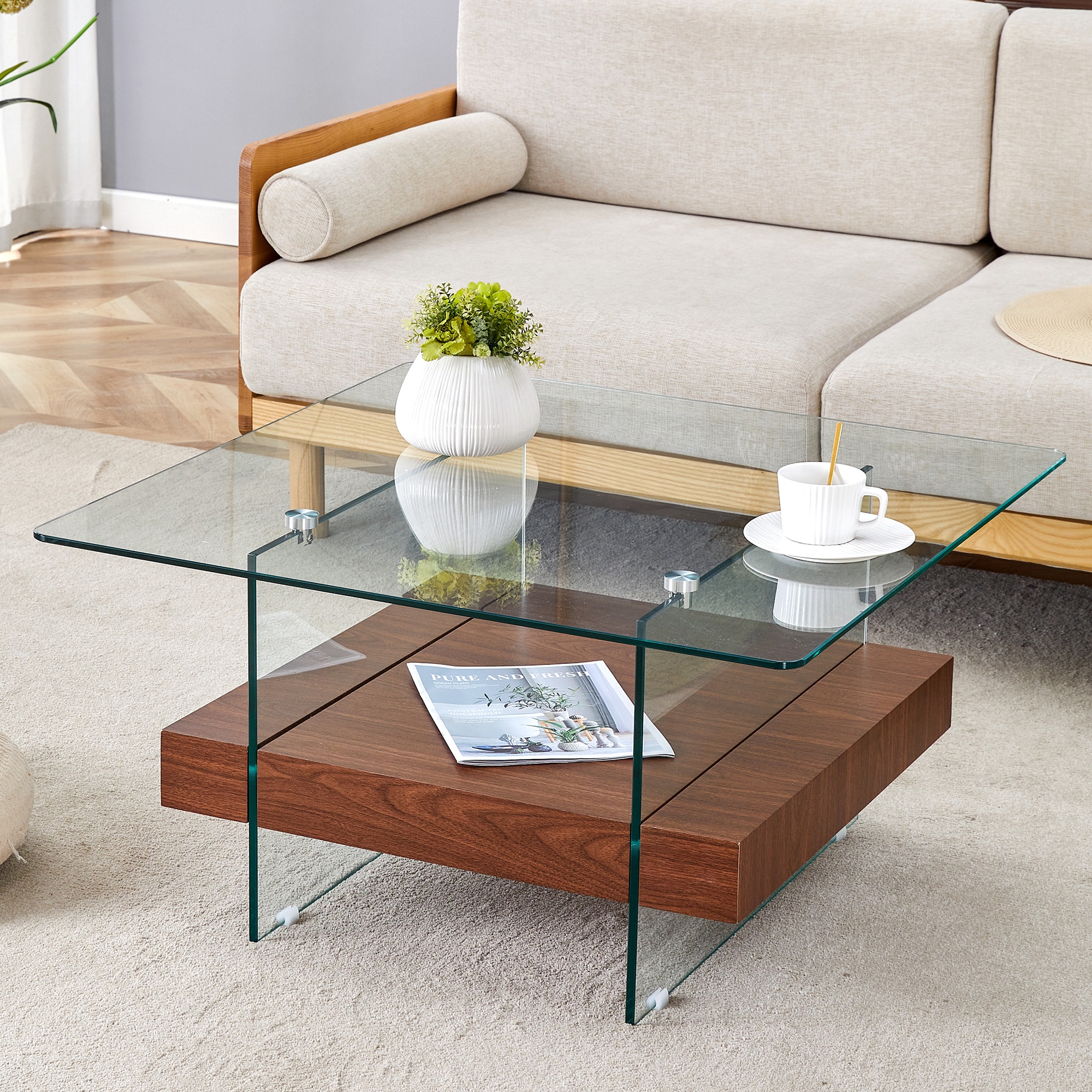 LOVMOR SF-Y-W1512P353556 31.4 Inch Modern Two-Tier Square Coffee Table - An Elegant Combination of Clear Glass and Walnut Texture Sticker It can be used not only as a coffee table but also as a side table or display stand.