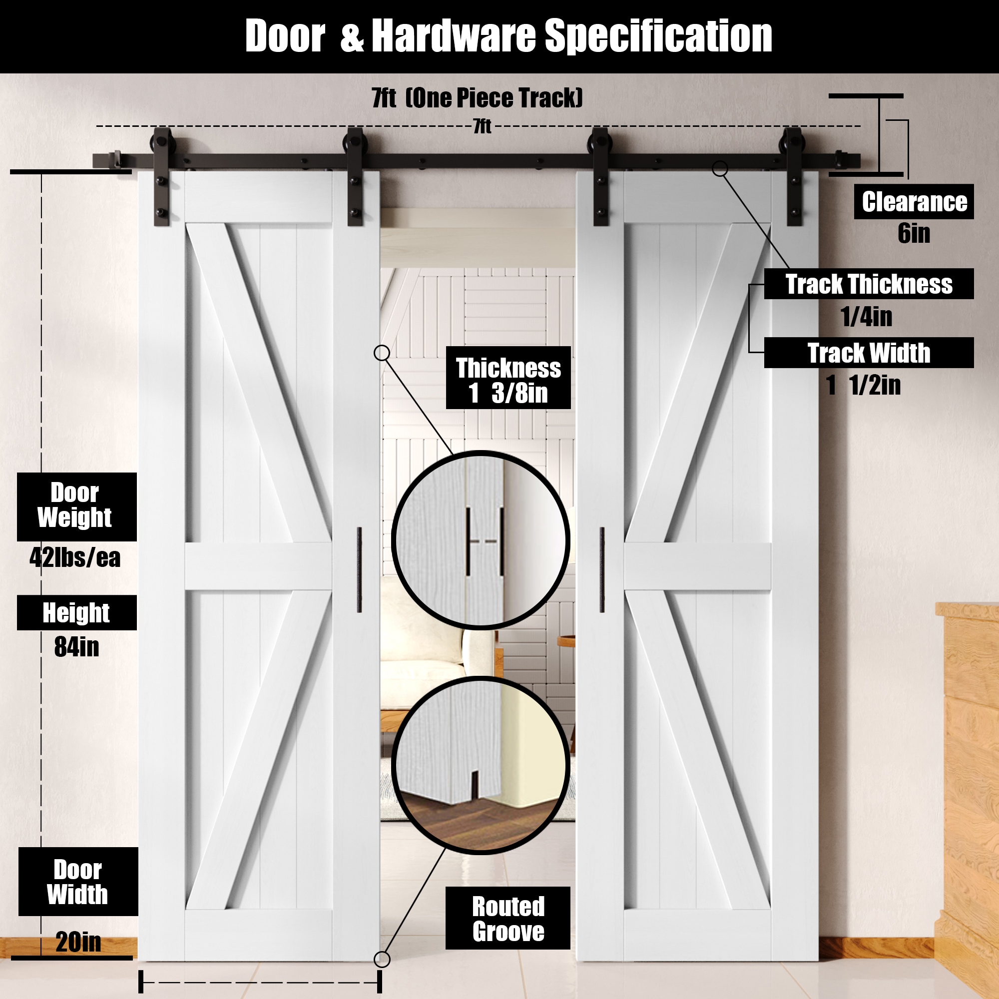 HOMACER YT2TGH084C-2084-K-WH Barn-Doors - View #2