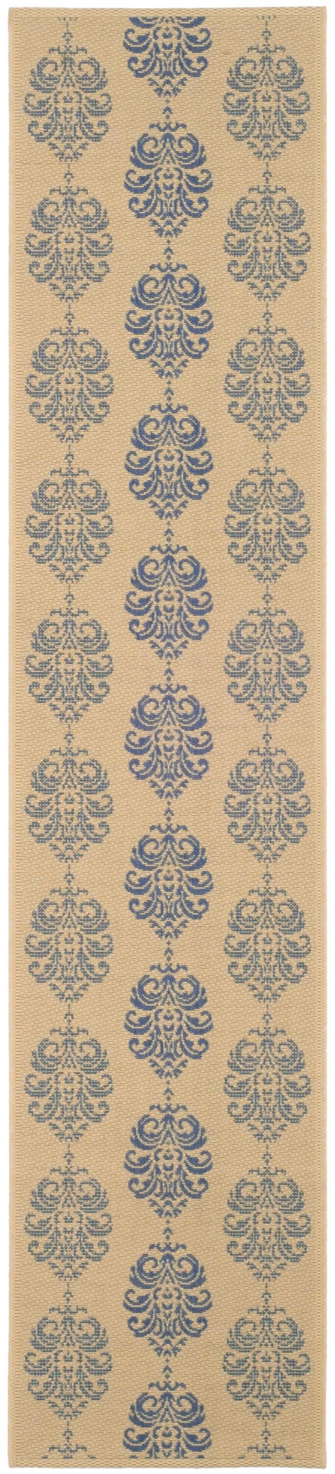 Safavieh CY2720-3101-27 Courtyard Bermuda 2 x 7 (ft) Loomed Polypropylene Natural/Blue Rectangular Indoor/Outdoor Damask Coastal Runner rug