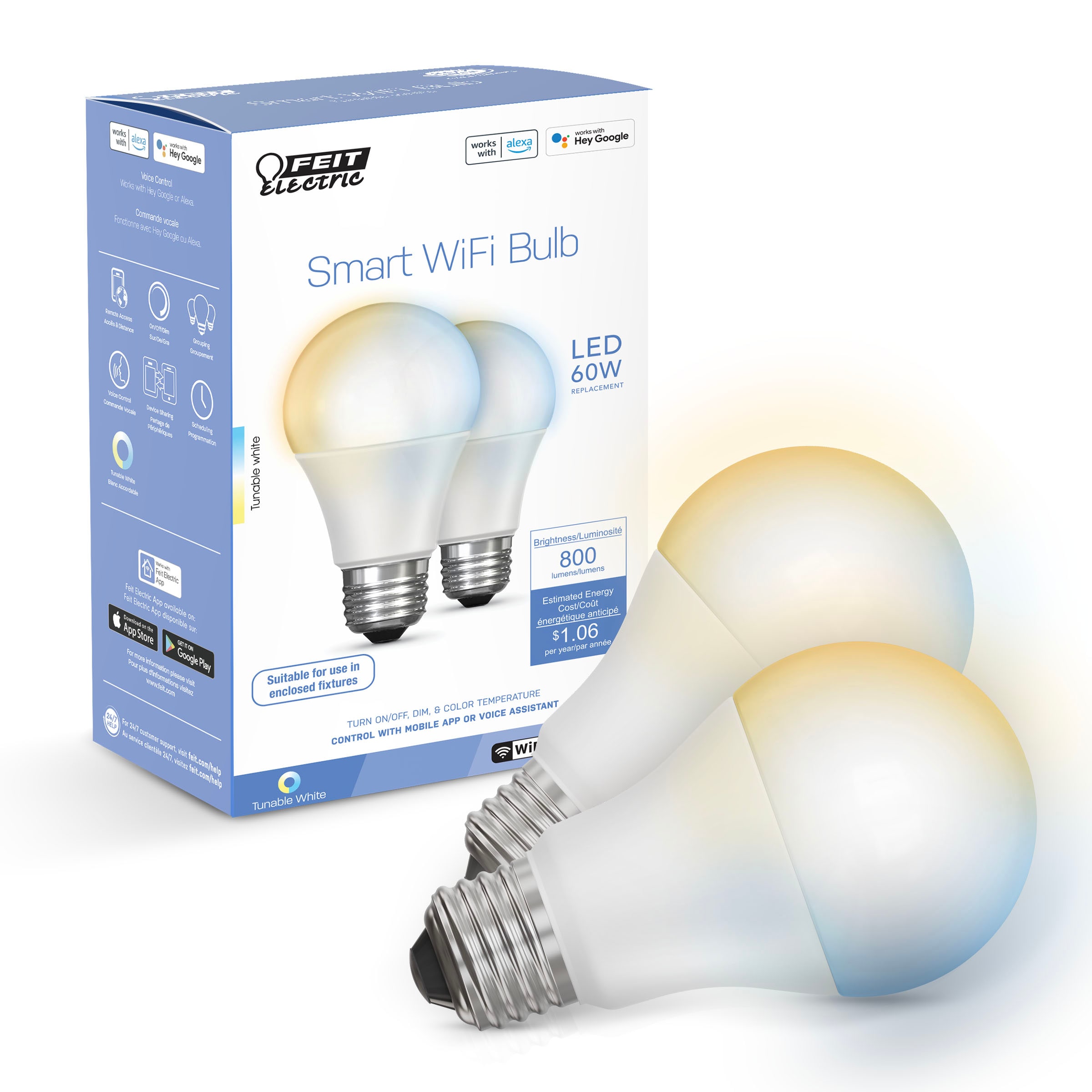 Feit Electric OM60/CCT/CA/AG/2 Smart 60 -Watt EQ A19 Tunable white E26 Dimmable Smart LED General purpose Light Bulb 2 -Pack