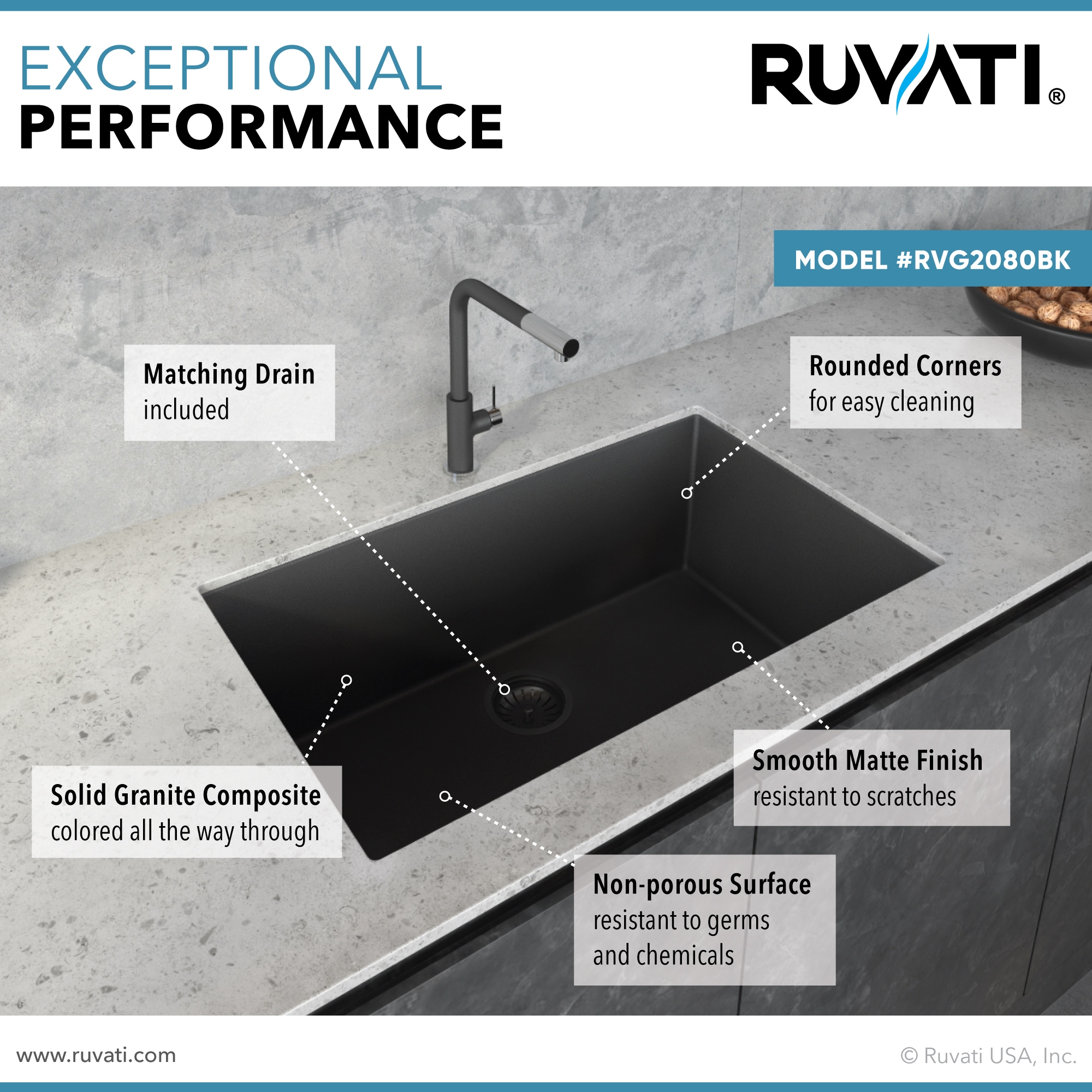 Midnight Black Granite Composite Undermount Single Bowl Kitchen Sink
