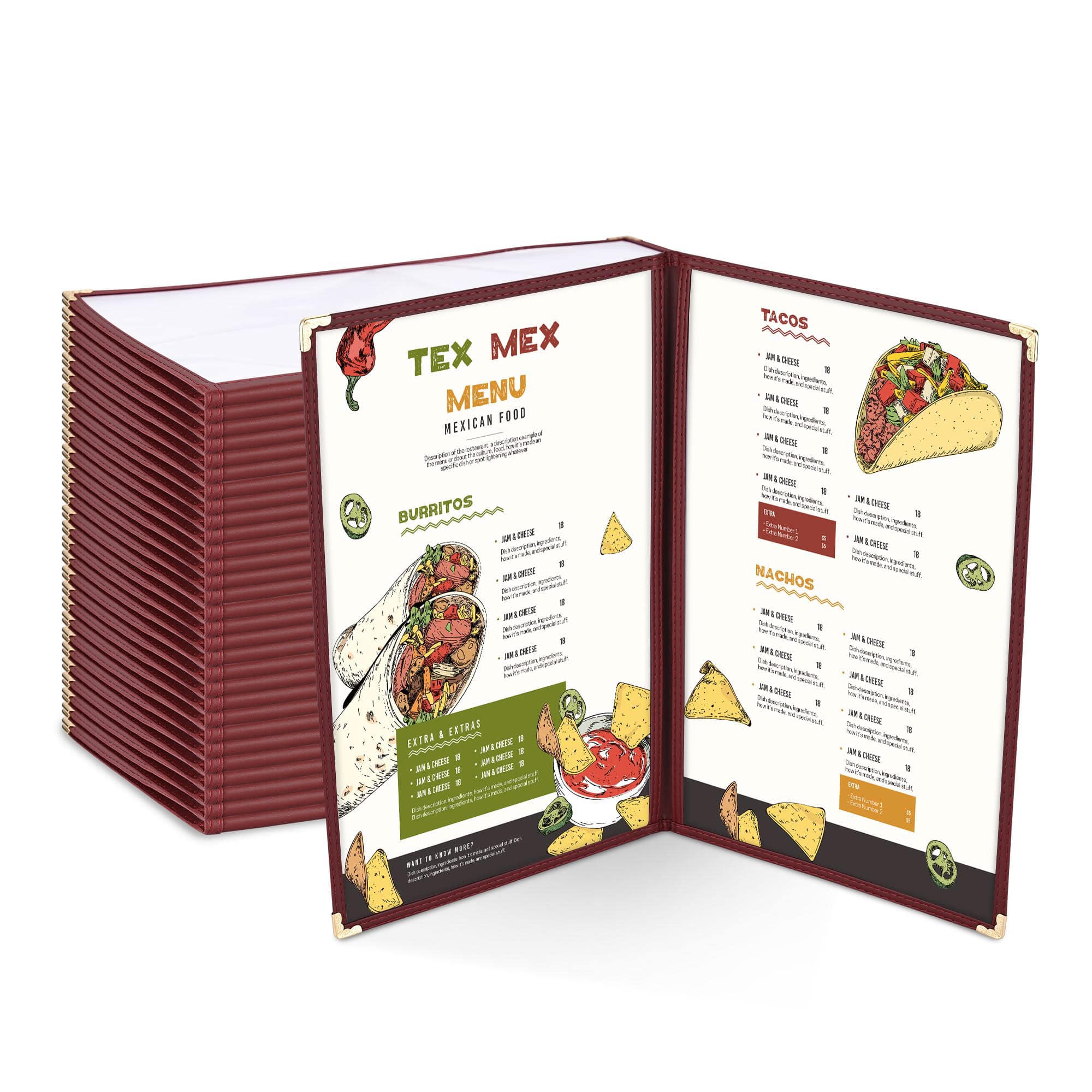 Yescom 26MNC031-814B2-02-LO WeChef 30 Packs Restaurant Menu Covers 8.5 x 14IN Double Fold 2 Pages 4 Views Burgundy