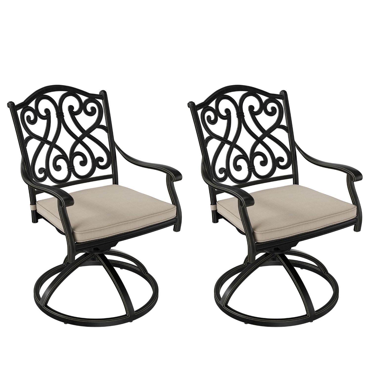 Mondawe 21OD140122BE Cast Aluminum Set of Black Aluminum Frame Swivel Dining Chair with Off-white Cushioned Seat