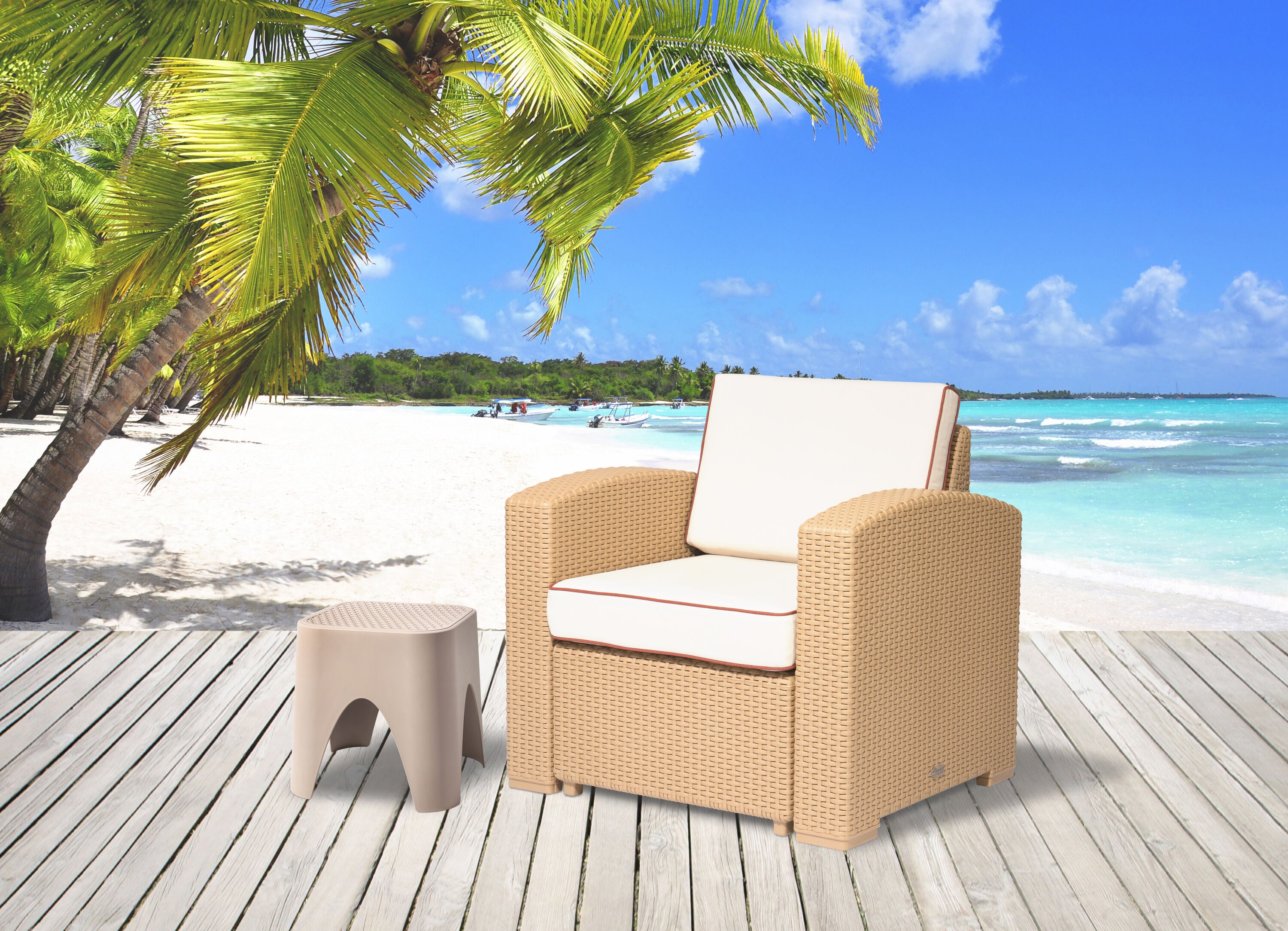 Lagoon 7023N4-CCLGW Magnolia Rattan Tan Rattan Frame Stationary Conversation Chair with White Cushioned Seat