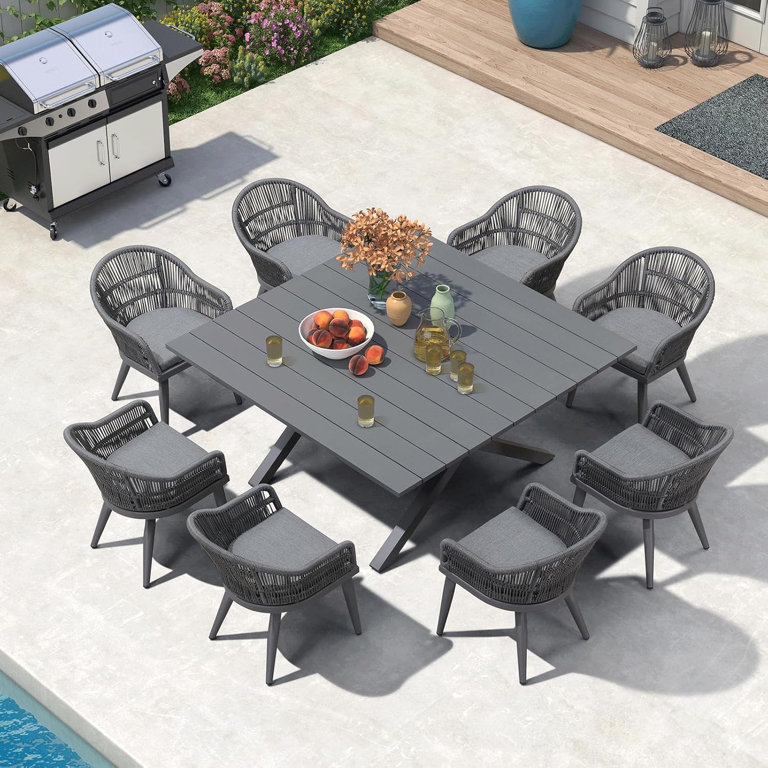 PURPLE LEAF LS03-VT09-155-GY 9 -Piece 9 pieces-Square Rattan Patio Dining Set Aluminum Square Table with 8 Gray Cushions Stationary Chairs