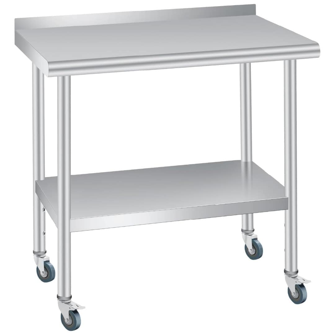 Qeetex NL-PHK-33DS6RVA 30x24 Inches Stainless Steel Prep Work Table with Backsplash and 4 Caster Wheels Commercial Heavy Duty Kitchen Worktable Adjustable Under Shelf for Restaurant Business Home Outdoor Use