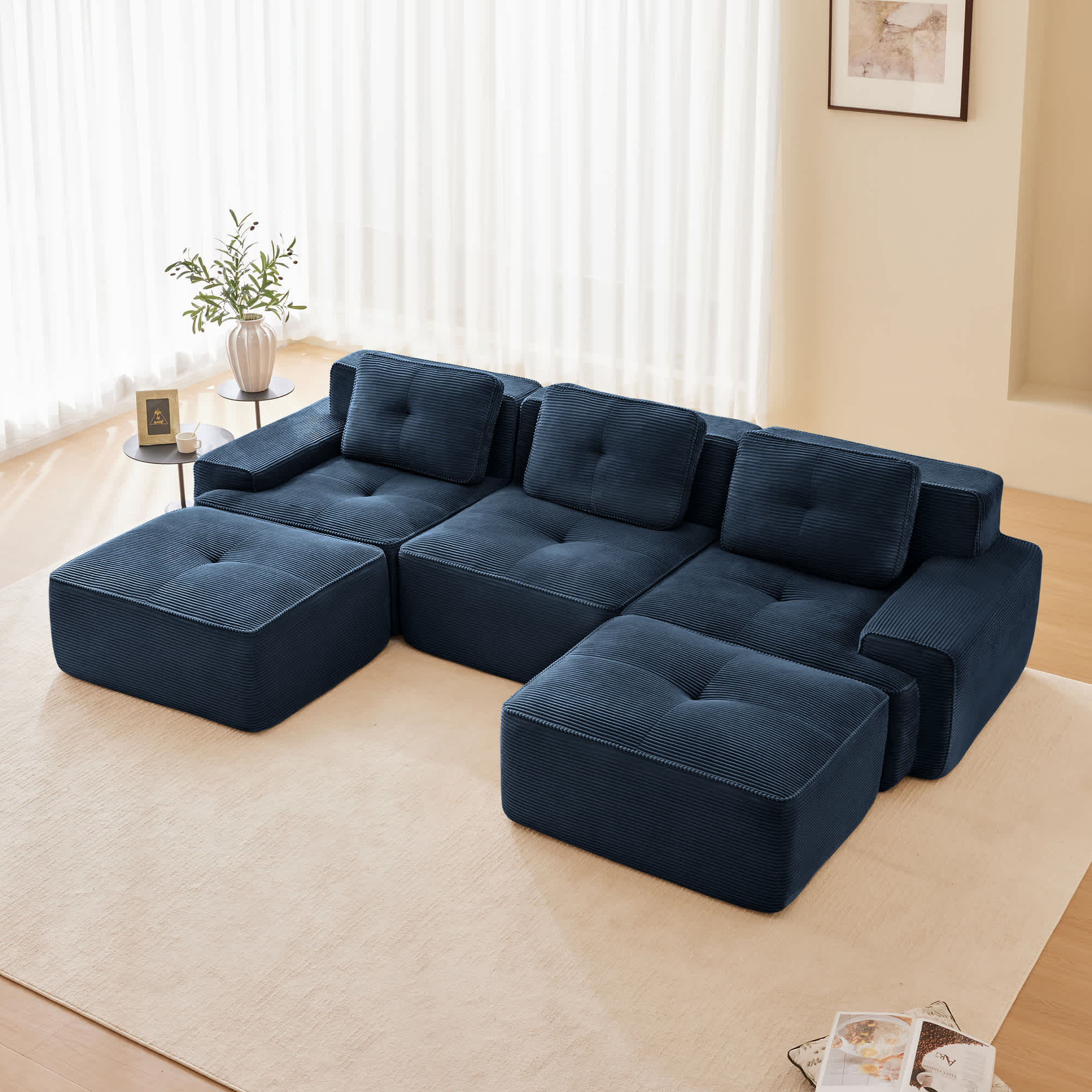 mayu/3 Misty Moon 117 Inch Blue Modern U-Shaped Modular Sectional Sofa