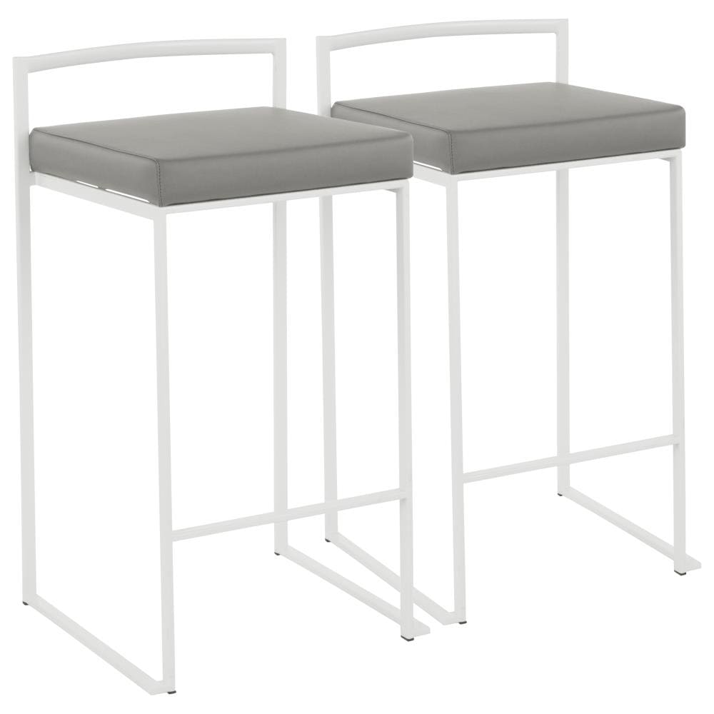 LumiSource B26-FUJI W+GY2 Fuji Set of 2 White Metal, Grey Pu Bar height Upholstered Stackable Metal Bar Stool