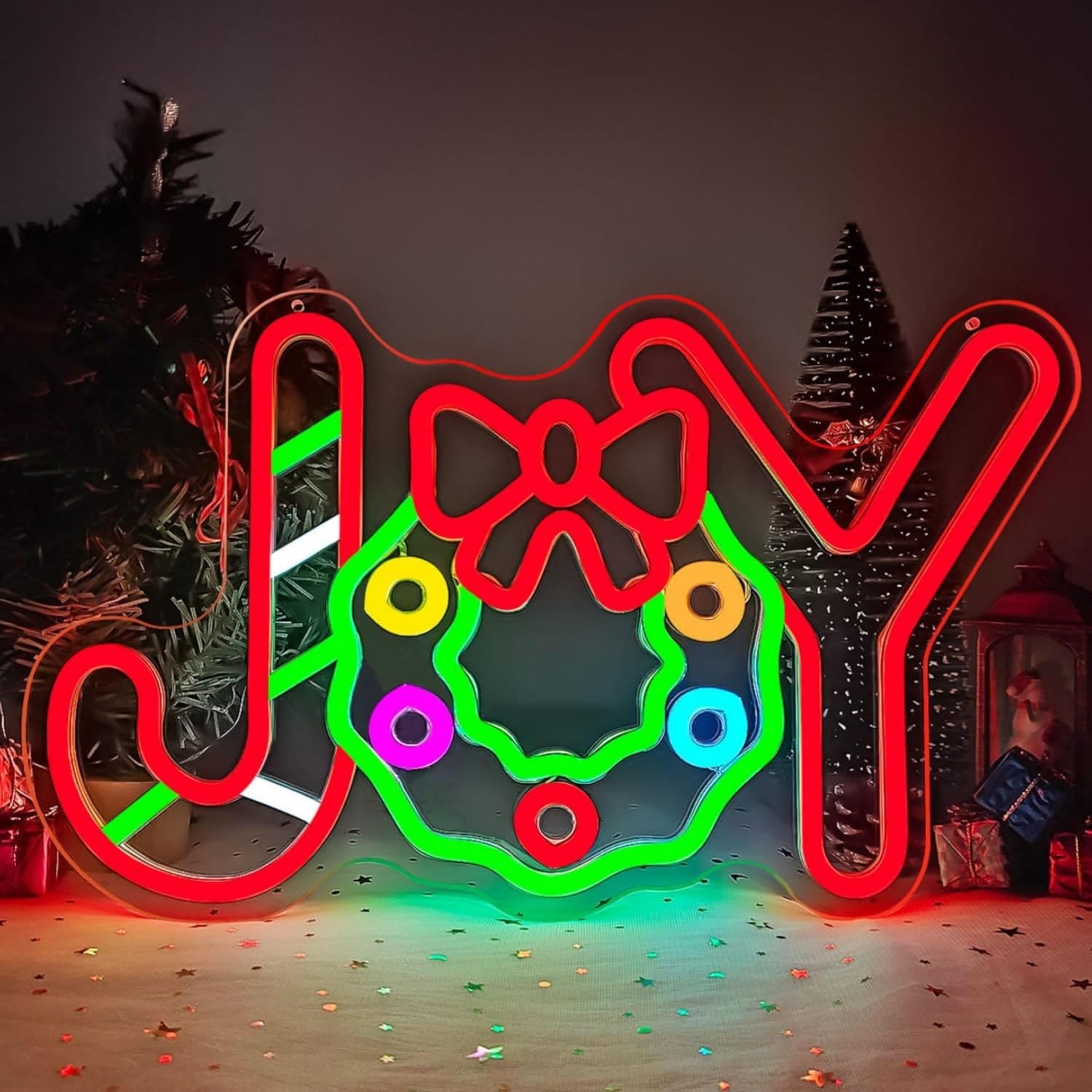 AOIZGMY  Christmas Joy Neon Sign LED Light Up Candy Christmas Decorations Adjustable Brightness USB Powered Wall Sign for Bedroom Party Kids Gift