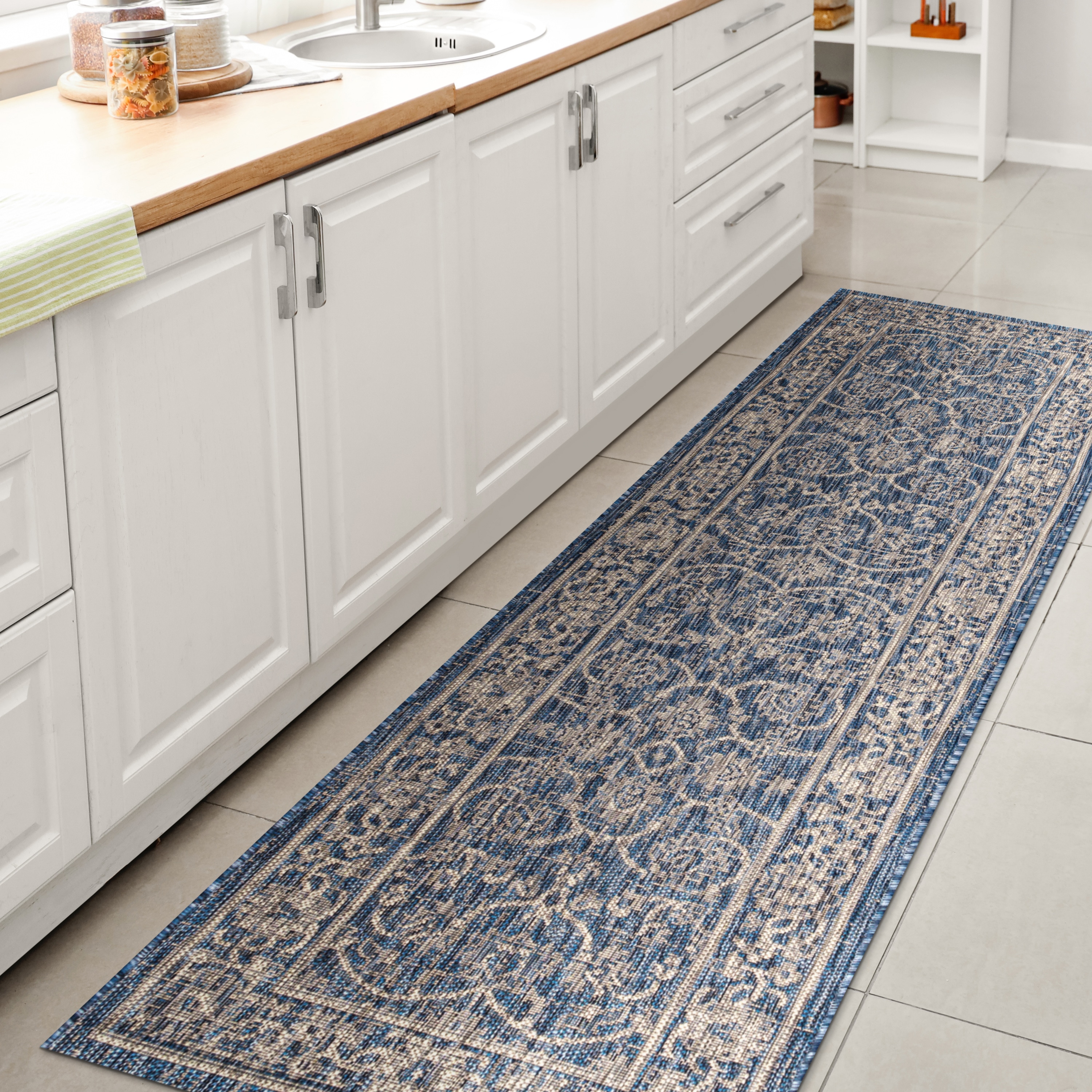 JONATHAN  Y SMB103A-210 Santa Monica Palazzo Vine and Border Textured Weave 2 x 10 (ft) Loomed Polypropylene Navy/Gray Rectangular Indoor/Outdoor Border Coastal Runner rug
