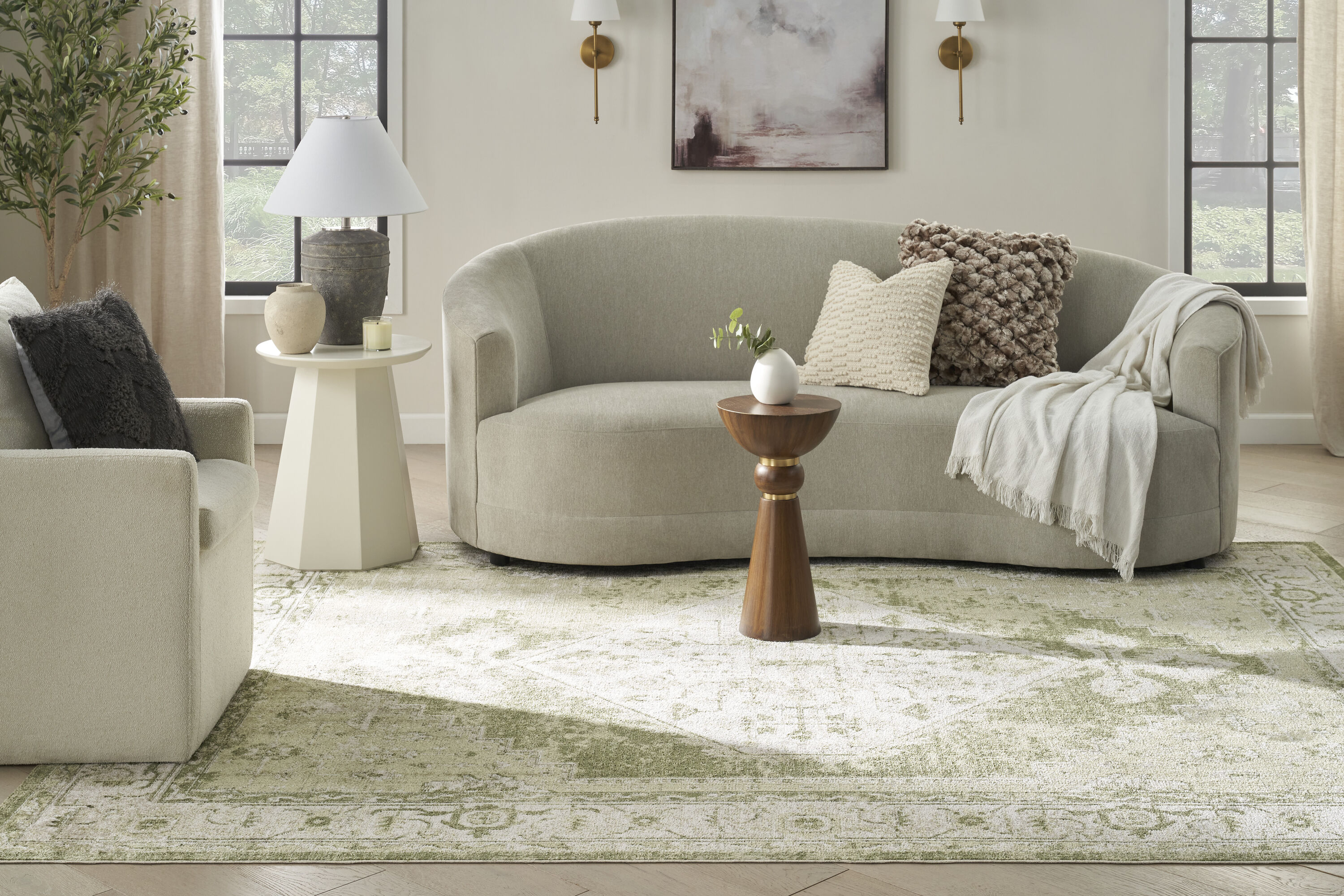 Ivory Green Floral Medallion Machine Washable Area Rug 8x10