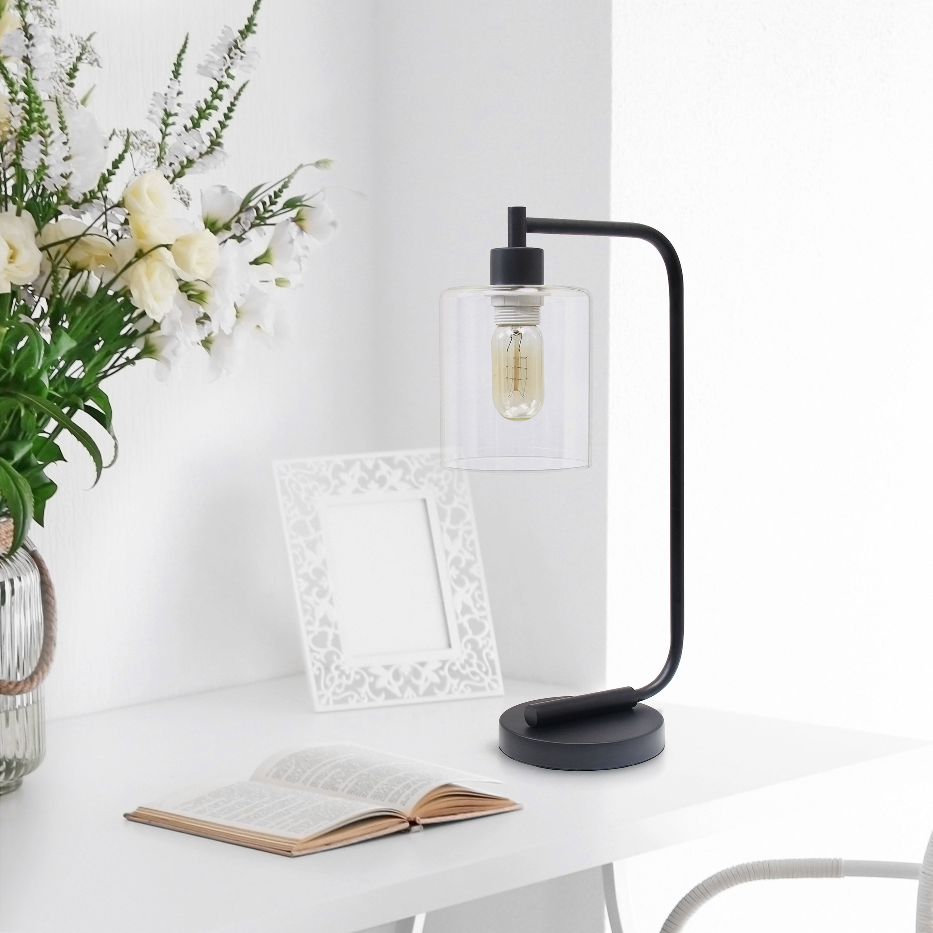 Black Iron Arc Desk Lamp with Clear Glass Shade