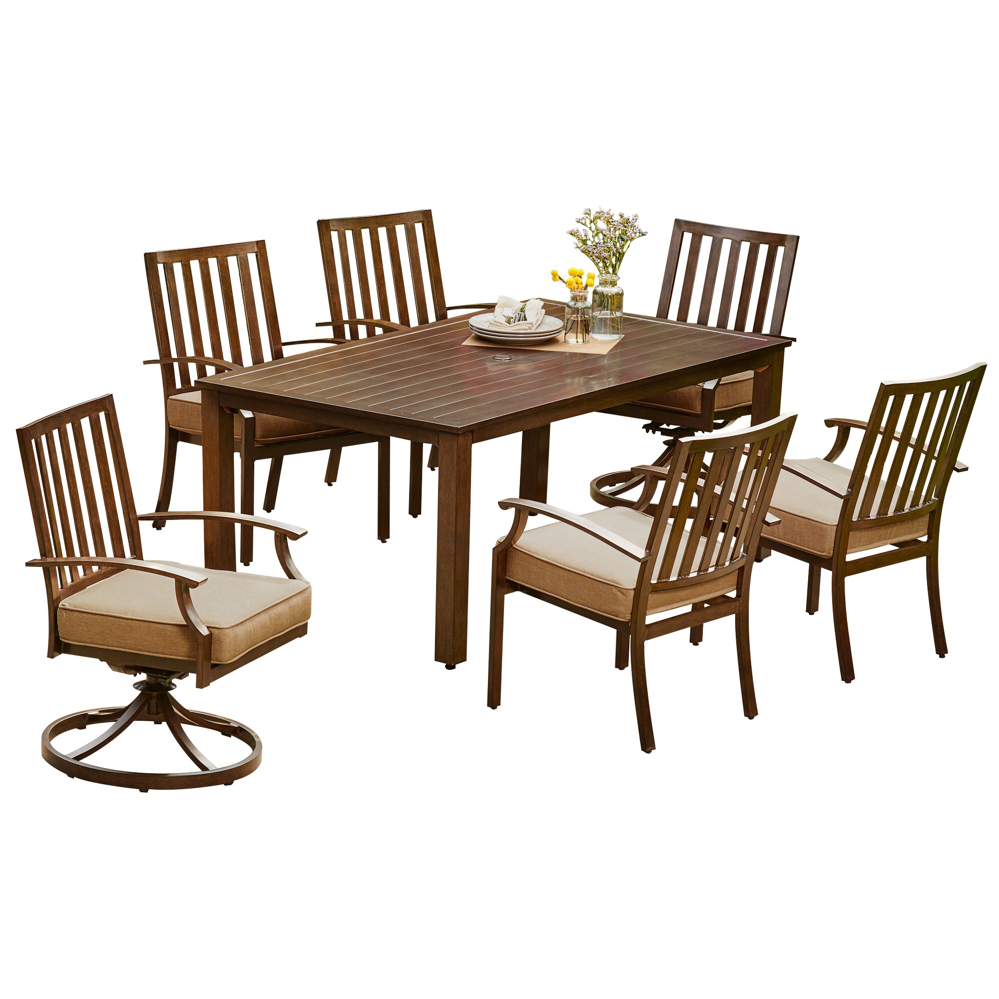 Royal Garden LAKDST701 Forest Glen 7 -Piece Brown Woodgrain Patio Dining Set Aluminum Rectangle Table with 6 Tan Cushions Swivel Chairs