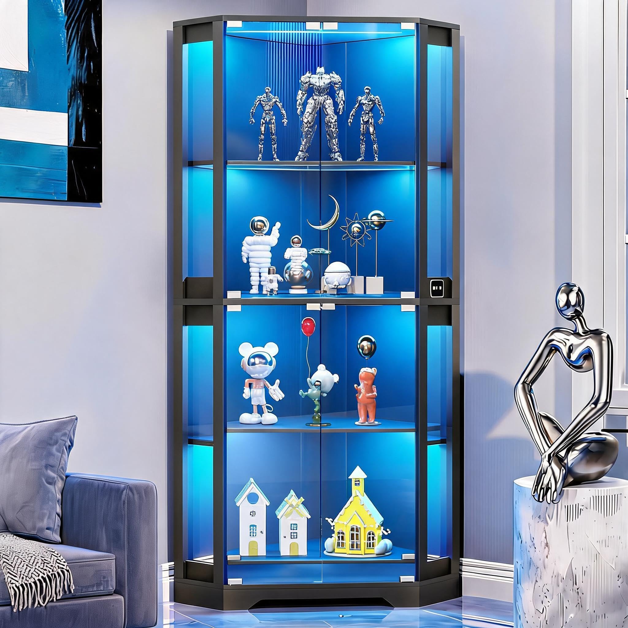 Aoile - 65 Inch Corner Curio Cabinet with Motion Sensor LED Lights 4 Tier Glass Display Case with...
