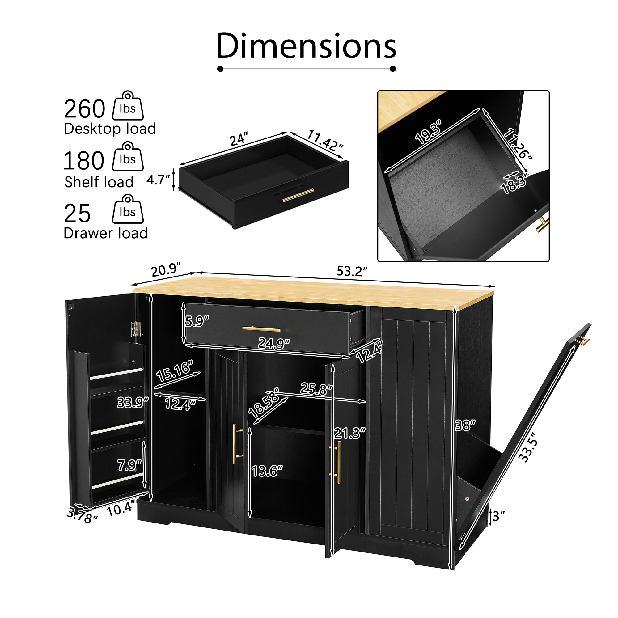 Runesay Black MDF Base with MDF Kitchen Island ( 20.91-in x 53.2-in x 37.99-in )