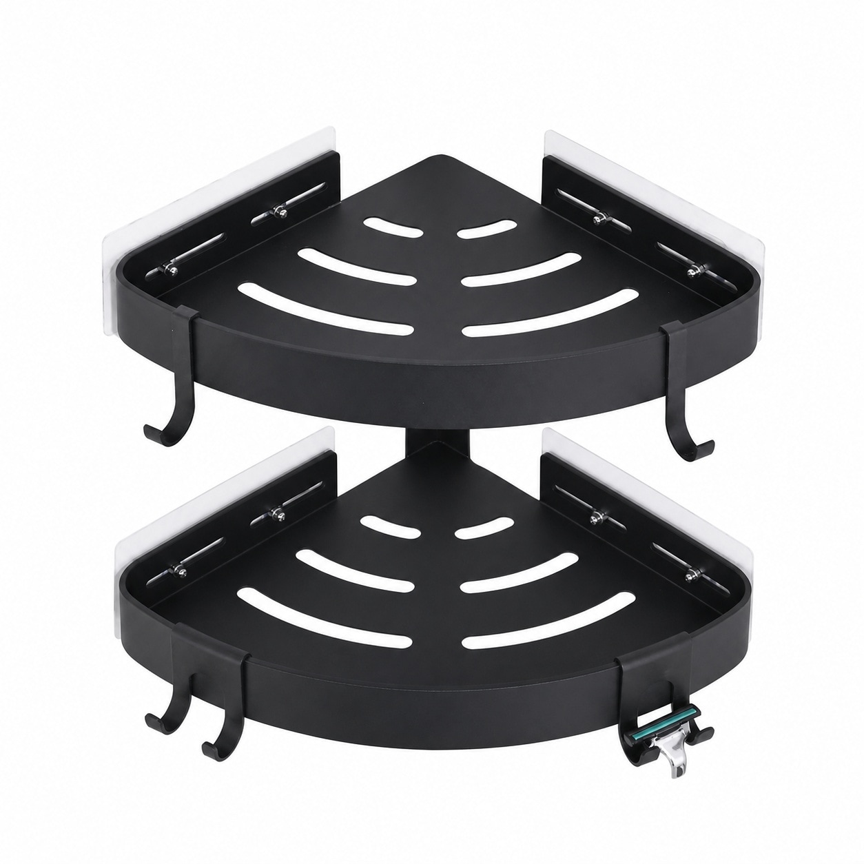 Etokfoks  Black Aluminum Adhesive Corner Shower Caddy with Hooks No Drill Wall Mount Shower Shelf 2 Pack