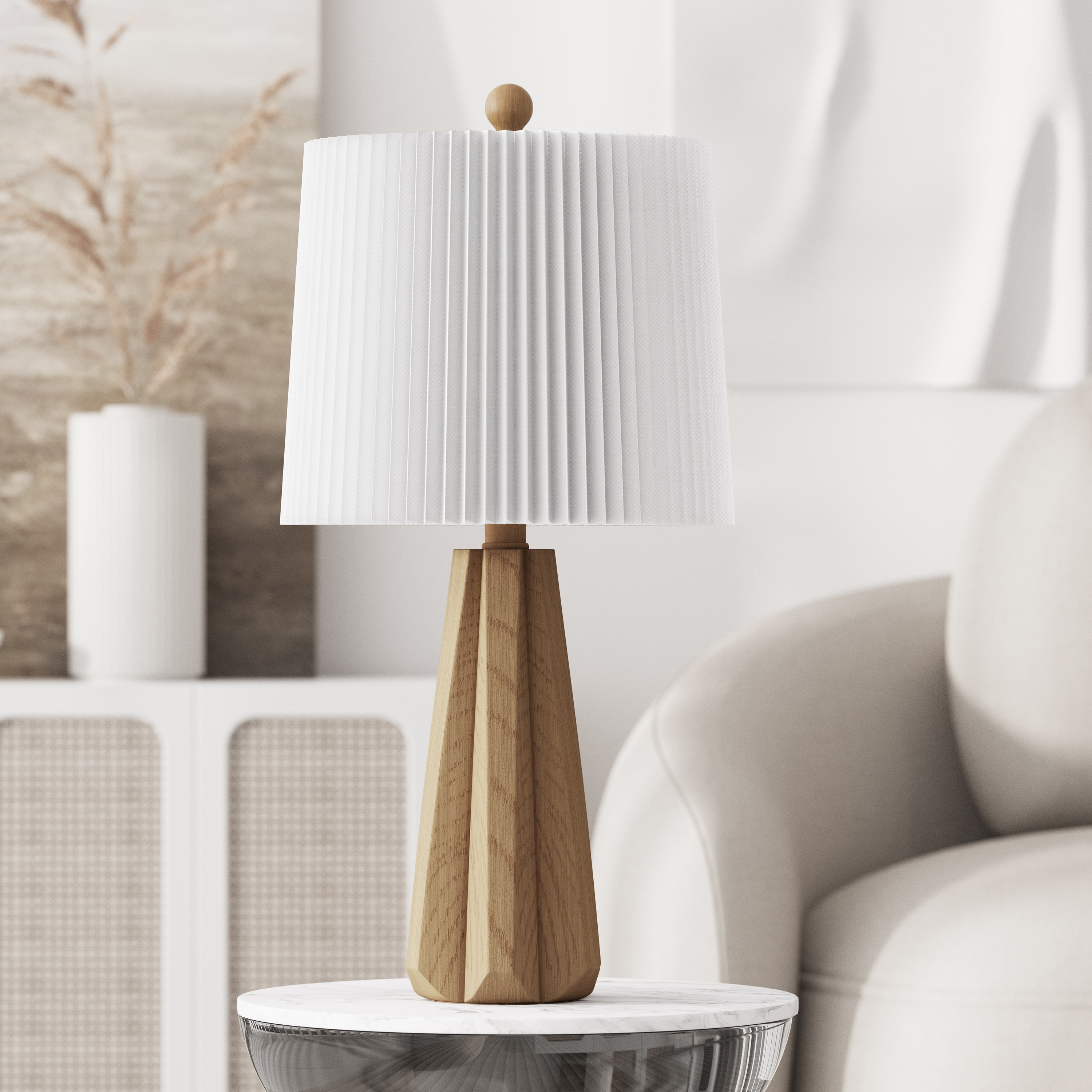 Deluxe 24" Light Brown Resin Table Lamp with White Pleated Linen Shade