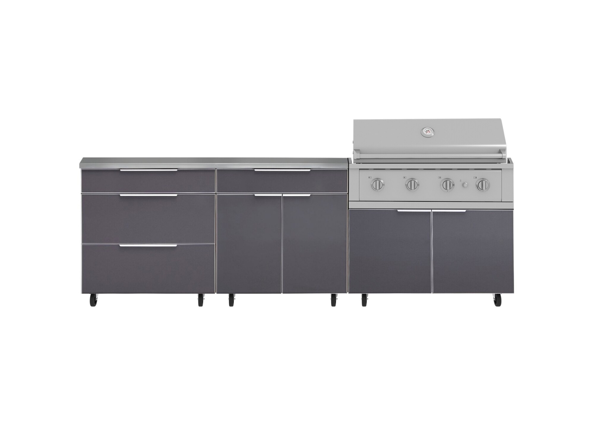 NewAge Products Aluminum Slate Gray Set With Casters 5 -Piece 104-in W x 24-in D x 47.1-in H Modular Outdoor Kitchen Set 4 Burners #72641