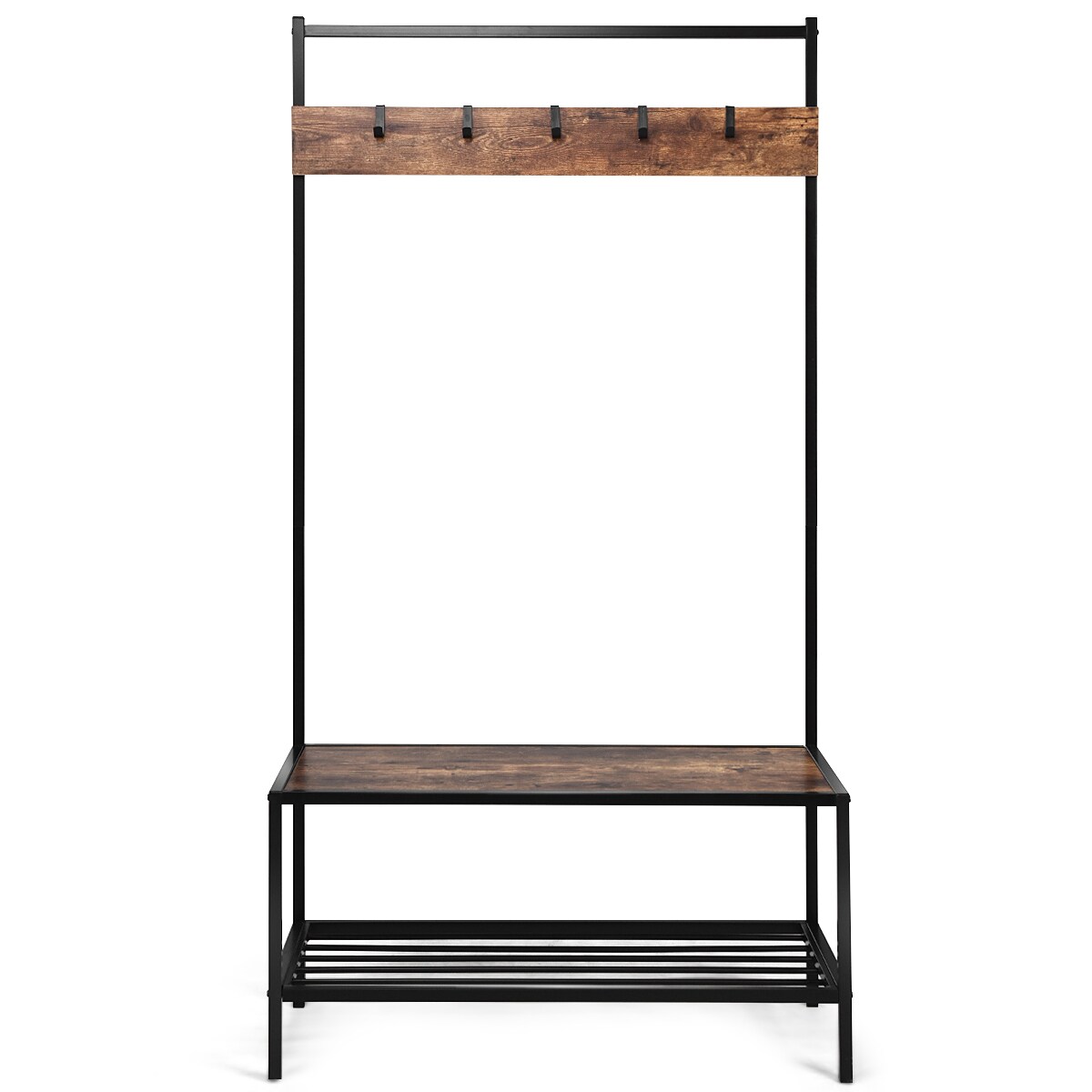 Goplus Contemporary Brown Wood Hall Tree Coat Rack with Shoe Bench