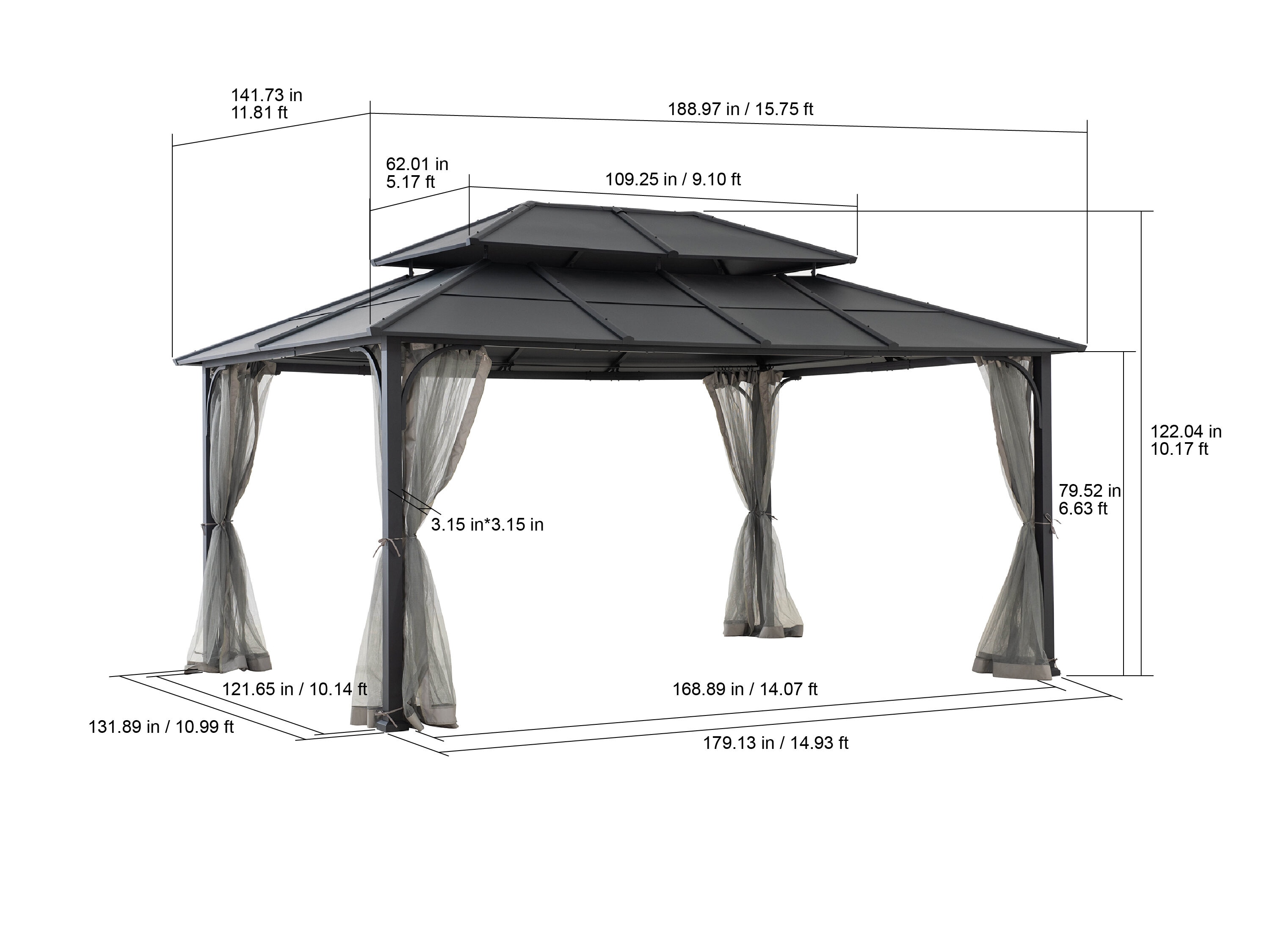 Sunjoy 12 x 16 ft. Black Steel Hardtop Gazebo with Netting