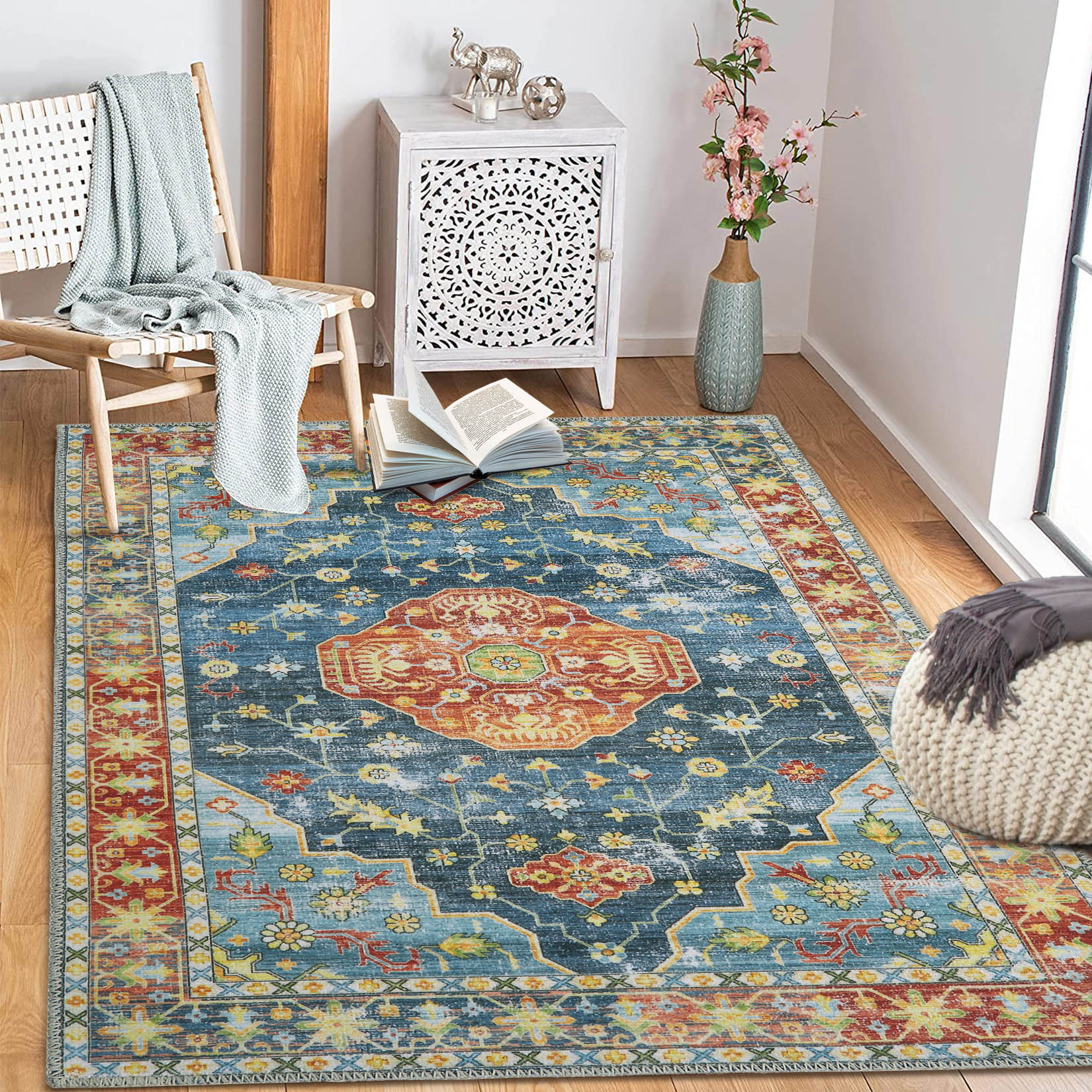 Garvee YXY-LO-PHO-0YFZXDAF 4 x 6 (ft) Loomed Blue/Orange Rectangular Indoor Floral/Botanical Persian Machine washable Pet Friendly Area rug