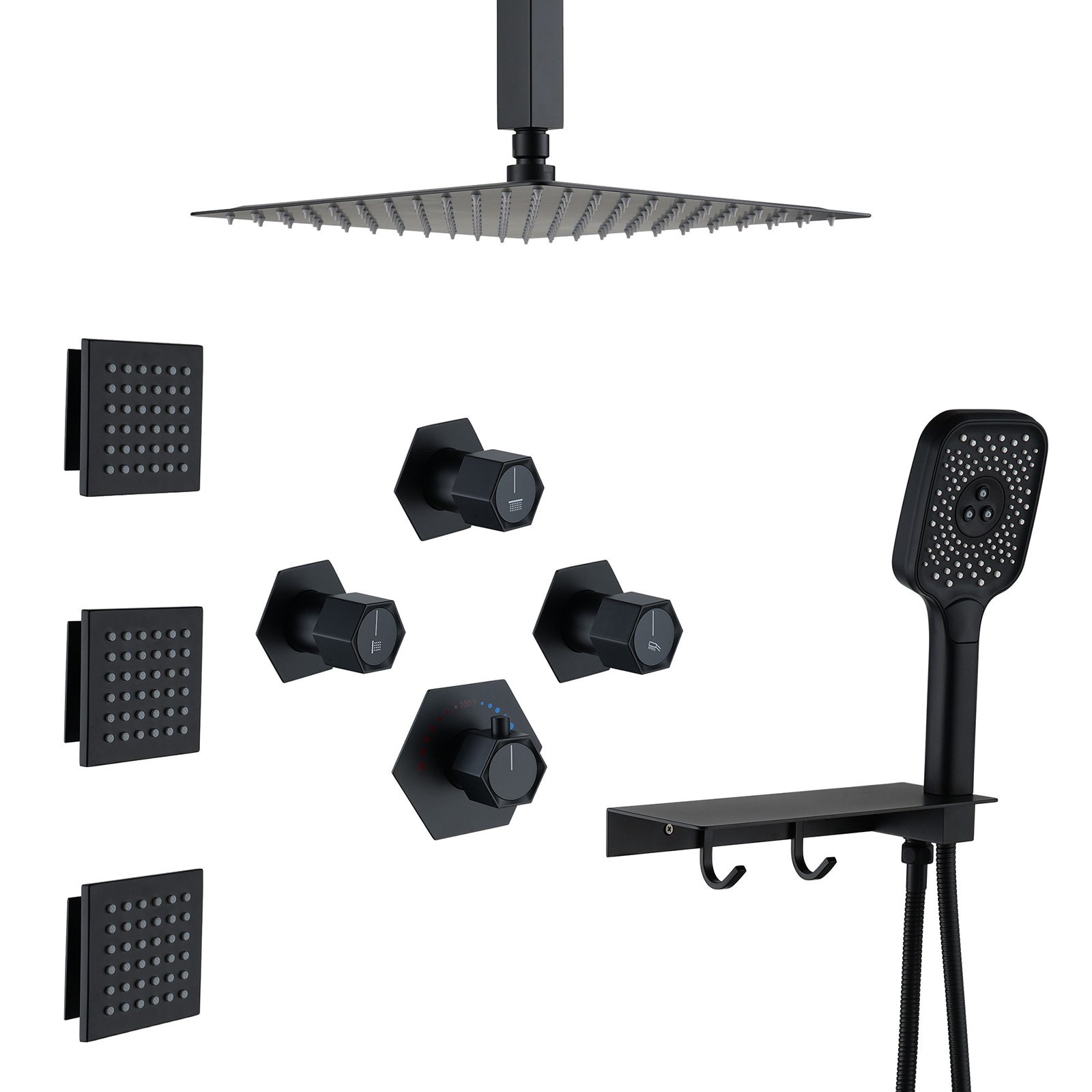 Mondawe WF-6347-B Matt Black 12-Inches Built-In Shower Faucet System with 3-way Diverter ( Thermostatic Valve Included )