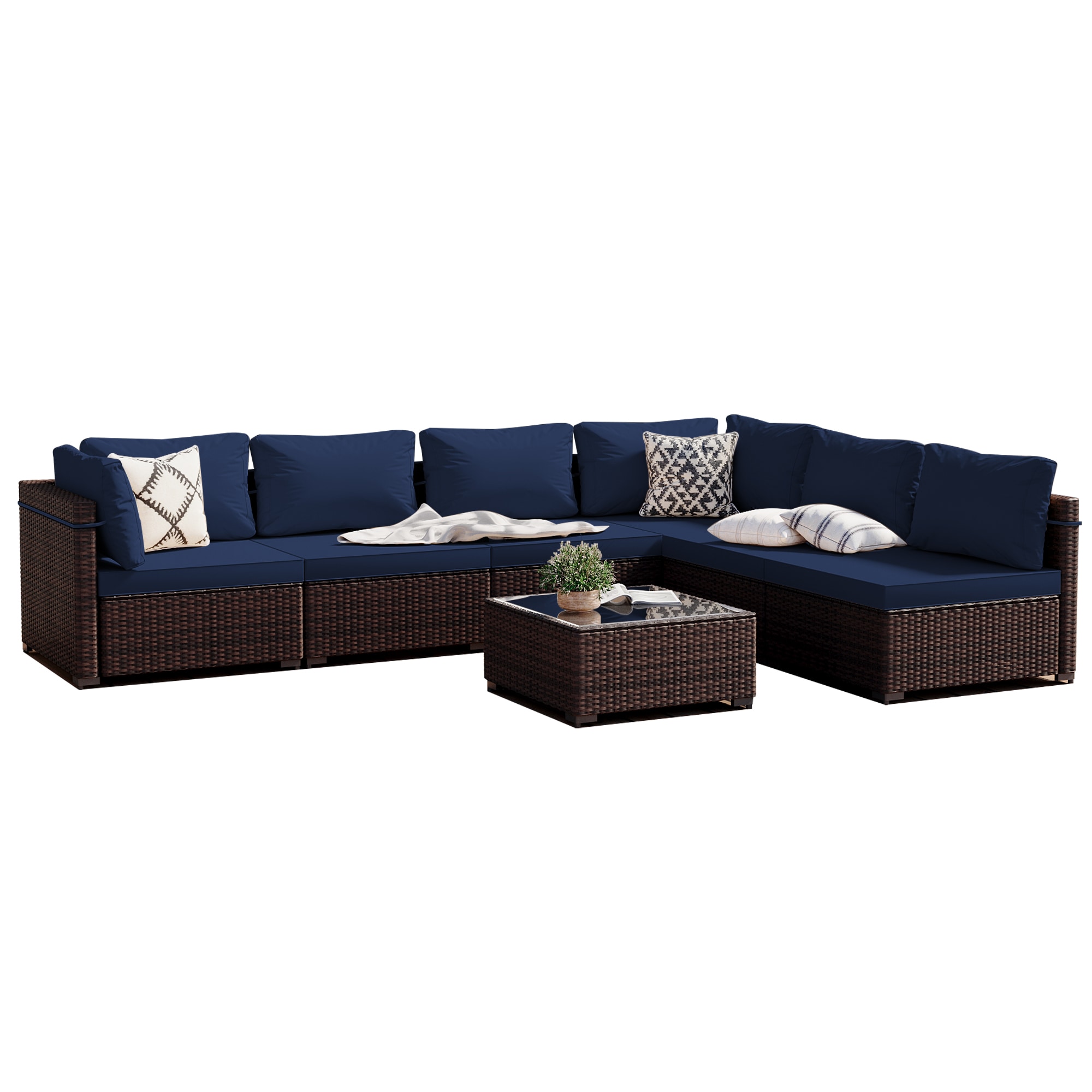 Patio Watcher RT-OD7-B2-3 7 -Piece Rattan Patio Conversation Set with Blue Cushions