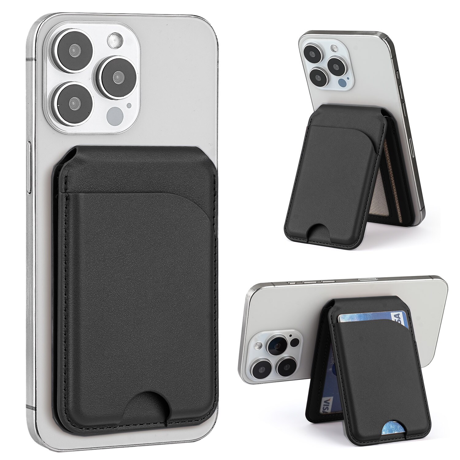 Alpha Digital Sleek style meets convenience with this ultra-slim, premium PU leather magnetic wallet stand. Features powerful magnets, 3 slots for 3-5 cards, and a clear ID window. Its multi-angle hinge tilts 180 for landscape or portrait viewing. Fits iPhone 12-17.
