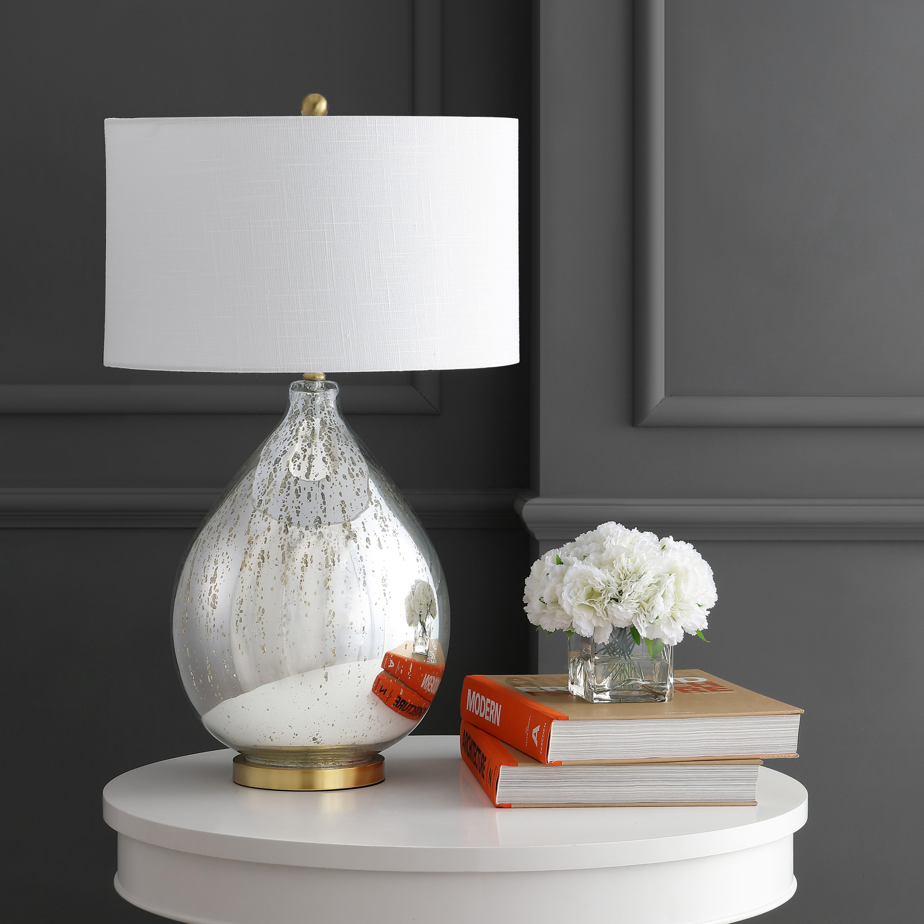 Oversized White and Brass Teardrop Table Lamp with Linen Shade