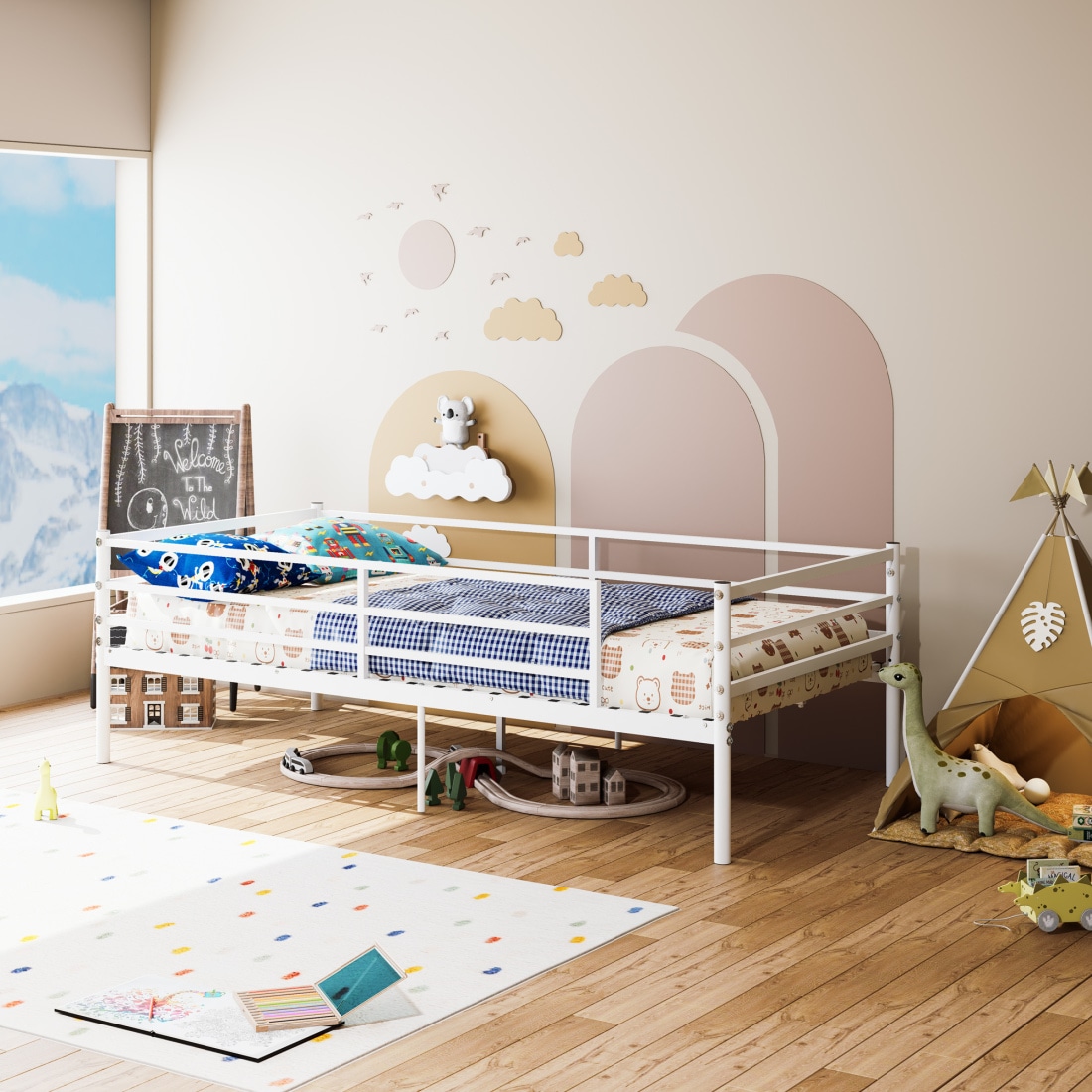 CHITA Metal bed frame suitable for children teenagers and adults sturdy and durable no spring mattress required suitable for dormitories and bedrooms WHITE