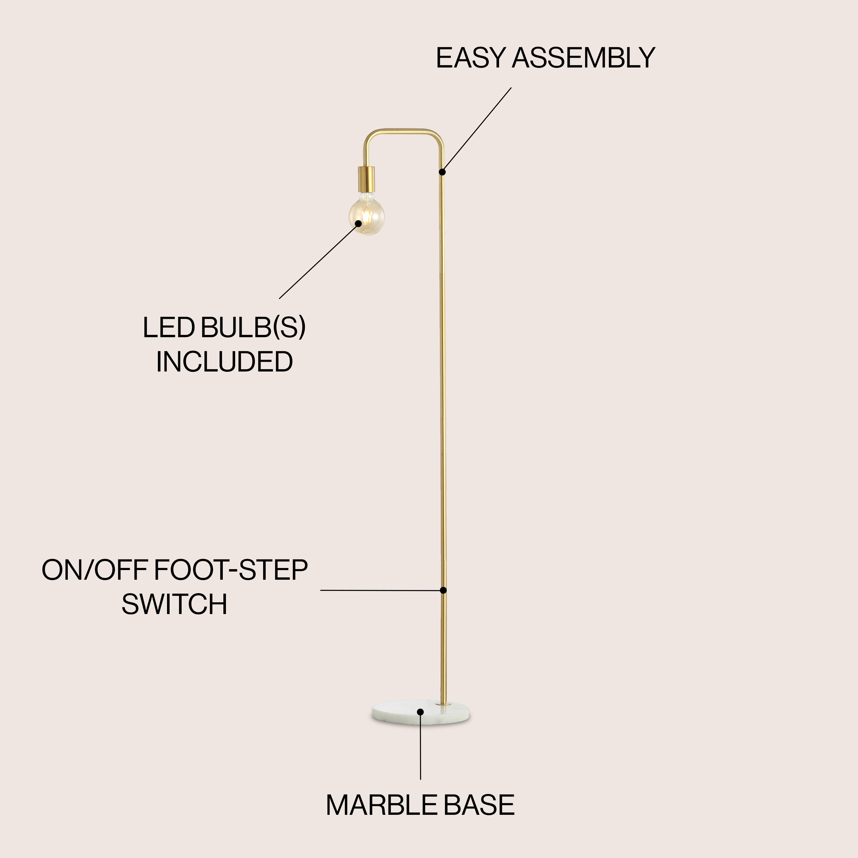 Vega Edison 60" Antique Gold Metal/Marble Minimalist Floor Lamp