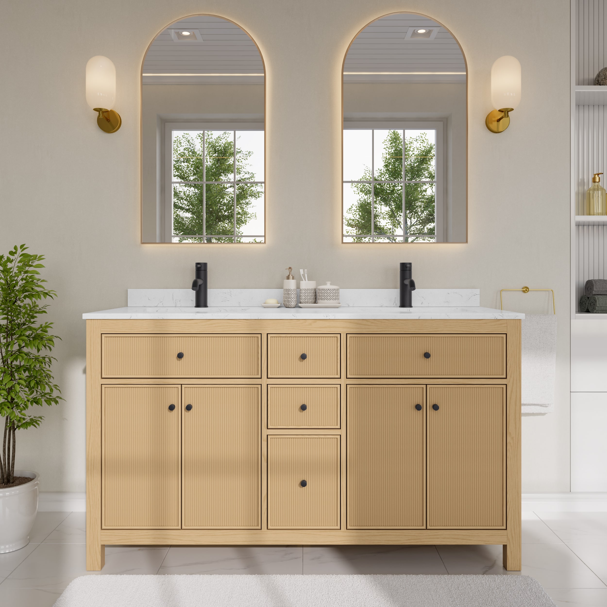 Wyndham Collection WCF929260DTBCCUNSMXX Pendry 60-in Tanned Oak with Matte Black Trim Undermount Double Sink Bathroom Vanity with Carrara Cultured Marble Cultured Marble Top