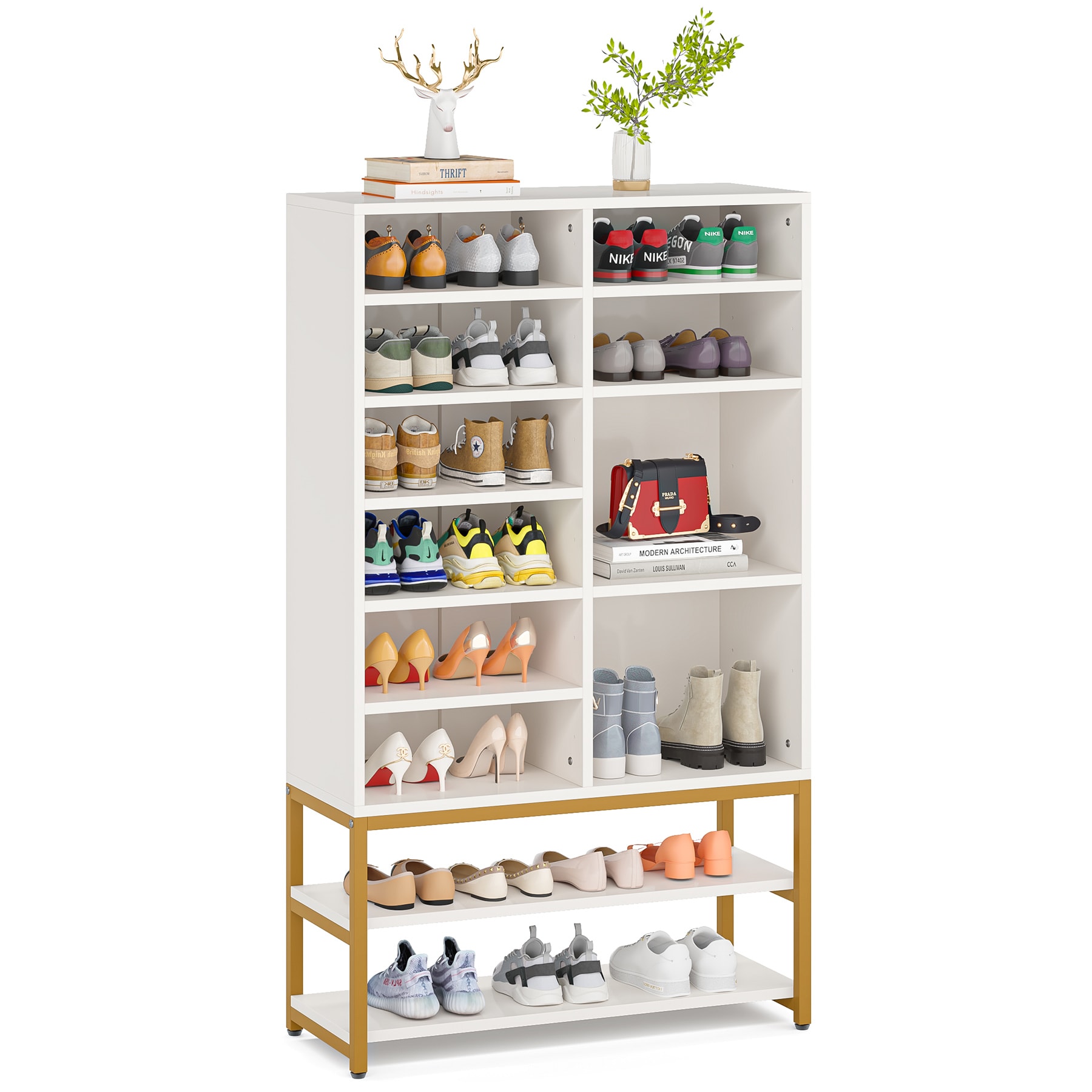 Tribesigns Modern Shoe Cabinet, 28 Pairs Freestanding Tall Shoe Organizer  for Entryway, Bedroom, White/Gold