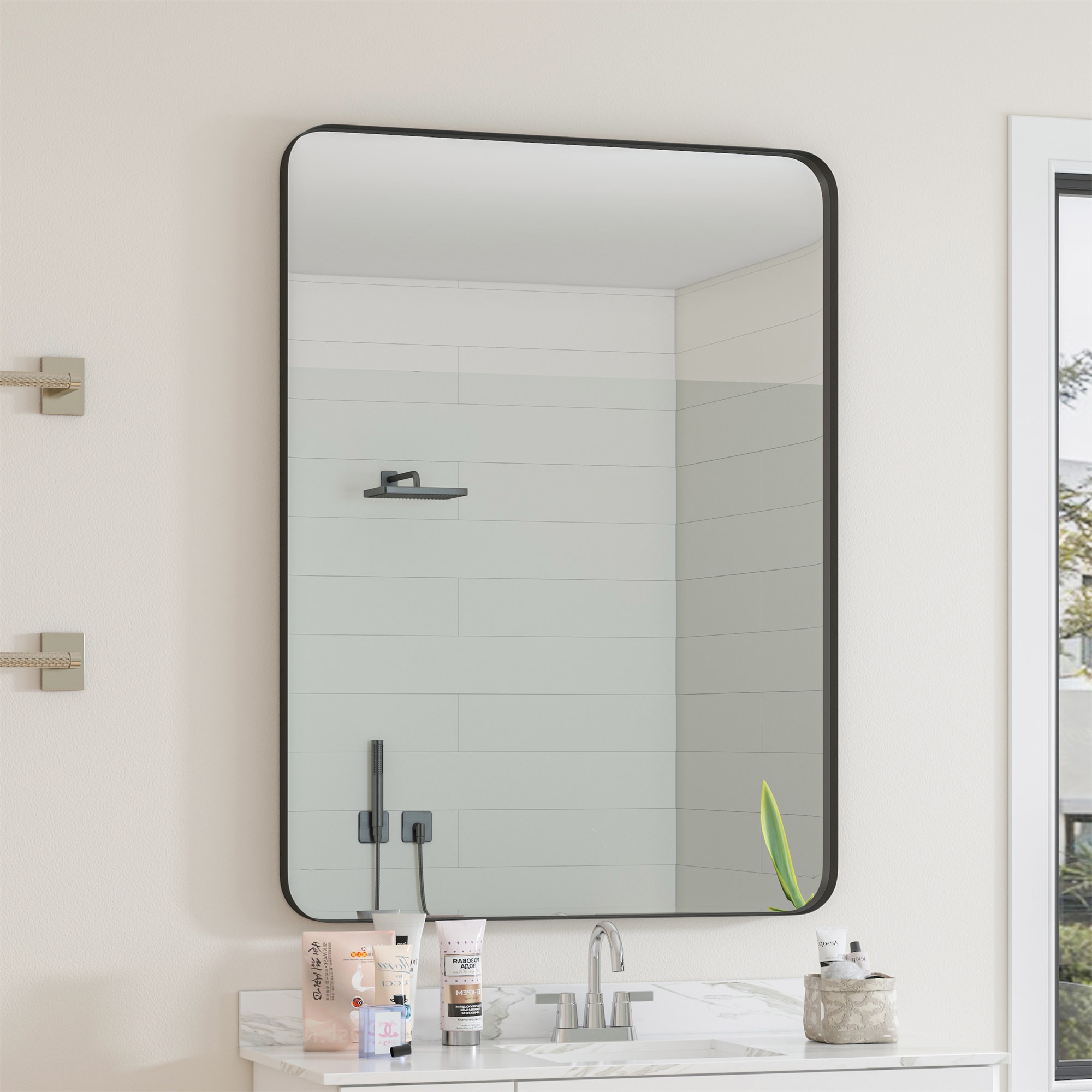 BABOOM 30-in x 40-in Framed Rectangle Bathroom Vanity Mirror ( Black )