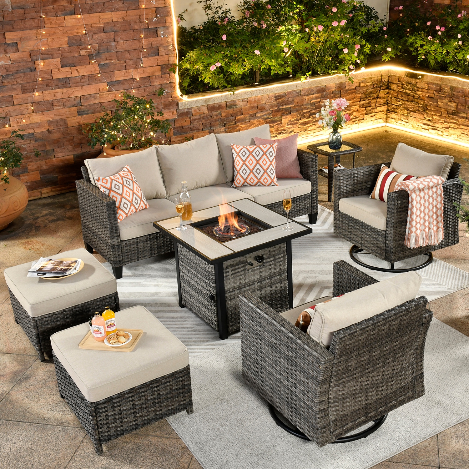 XIZZI Lullaby 7-Piece Rattan Patio Conversation Set with Off-white ...