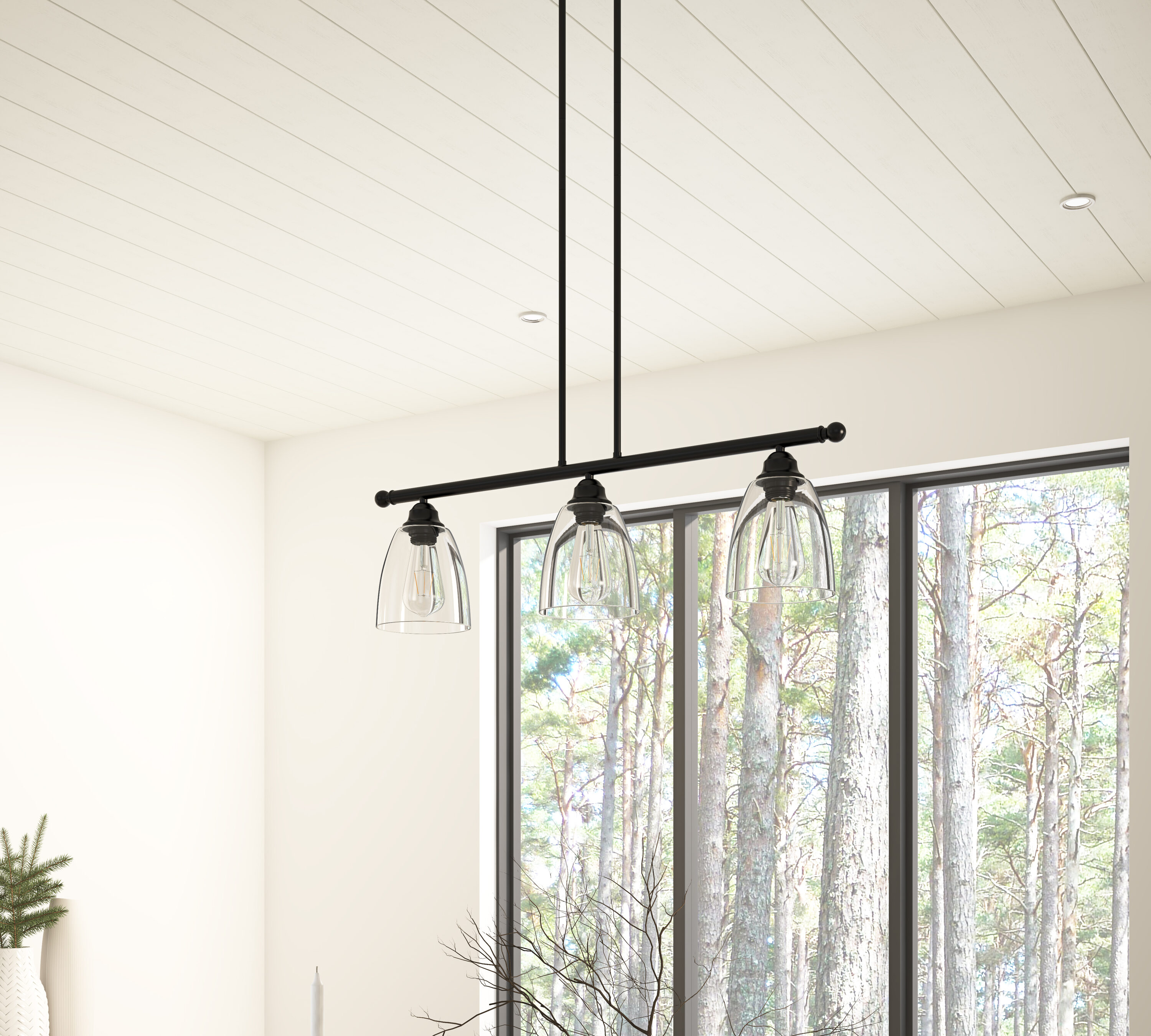 Farmhouse 3-Light Black Metal and Clear Glass Tiered Kitchen Island Pendant