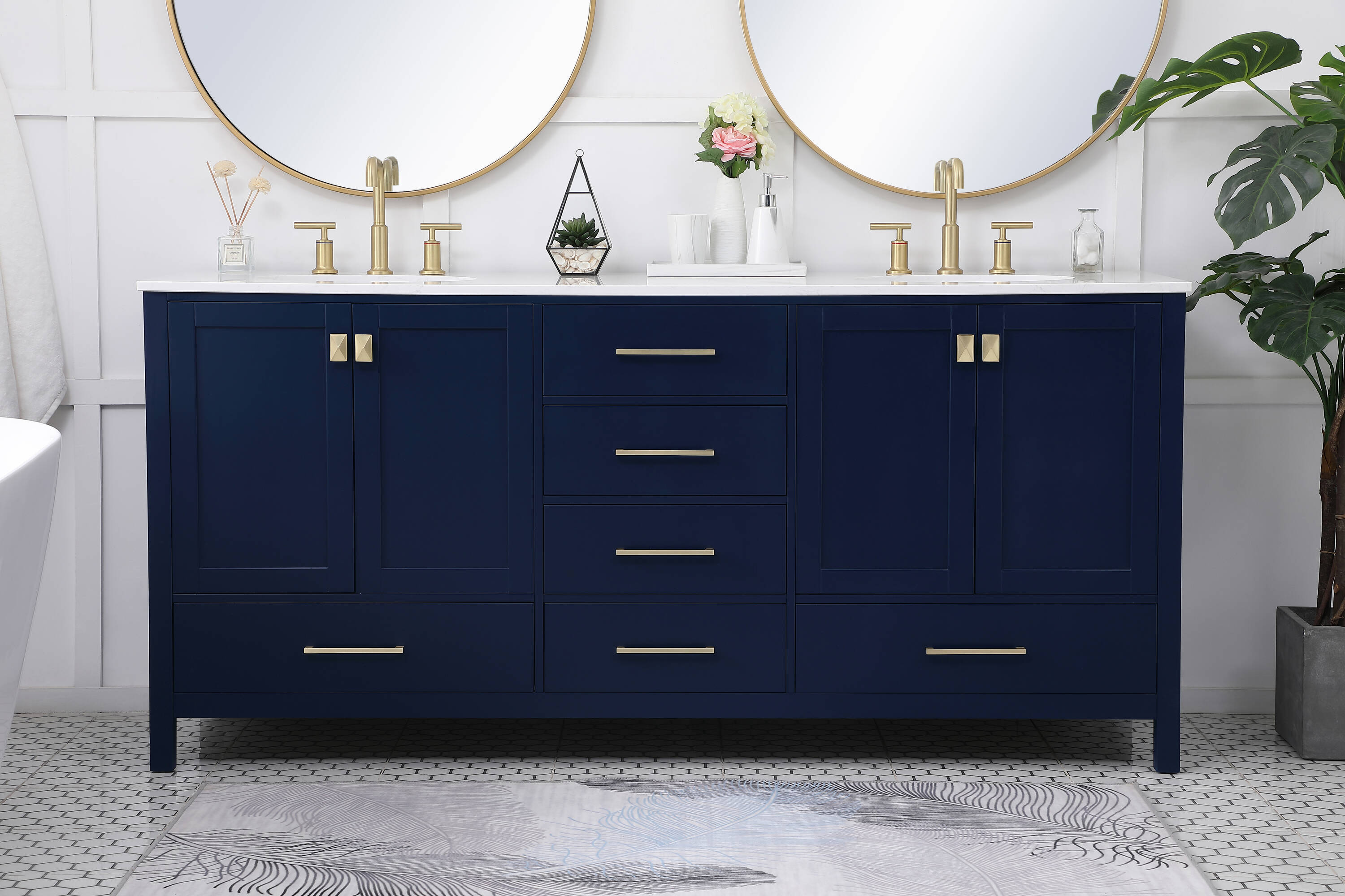 Blue and Gold 72" Double Bathroom Vanity with Calacatta White Countertop
