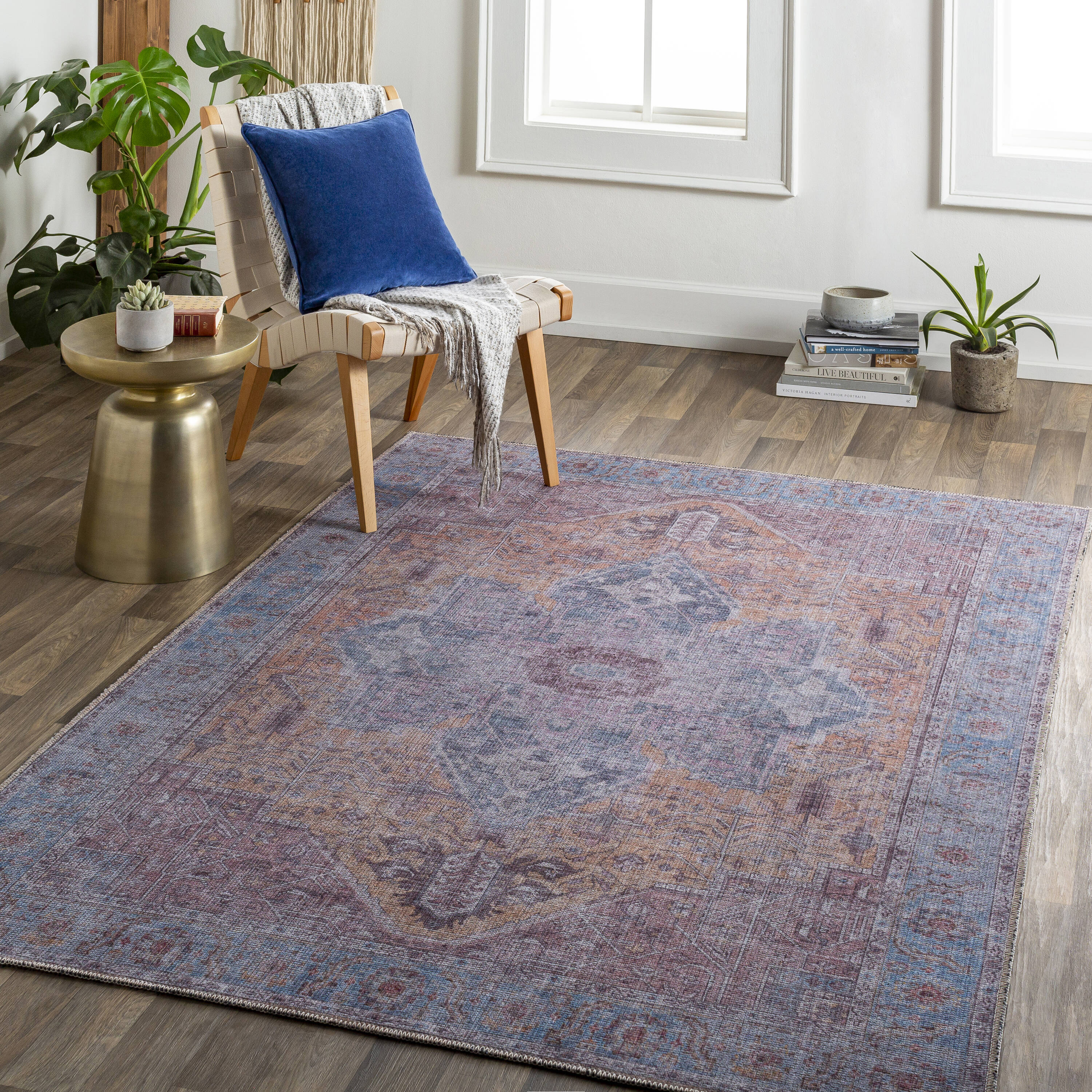 Livabliss ANL2302-679 Atlanta 7 x 9 (ft) Loomed Cotton/Polyester Camel, Teal, Mauve, Blue, Sky Blue, Plum Rectangular Indoor Medallion Rustic Area rug