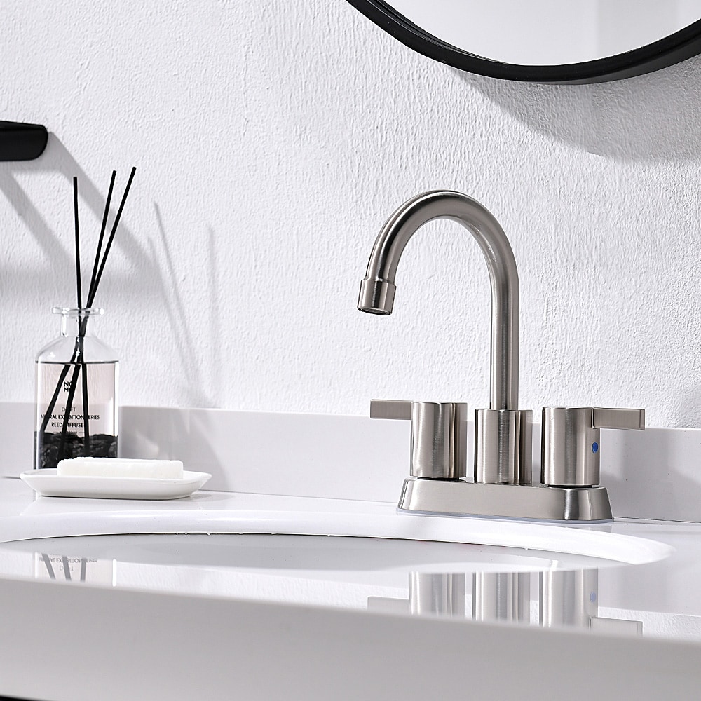 Brushed Nickel High-Arc 2-Handle Bathroom Sink Faucet with Drain