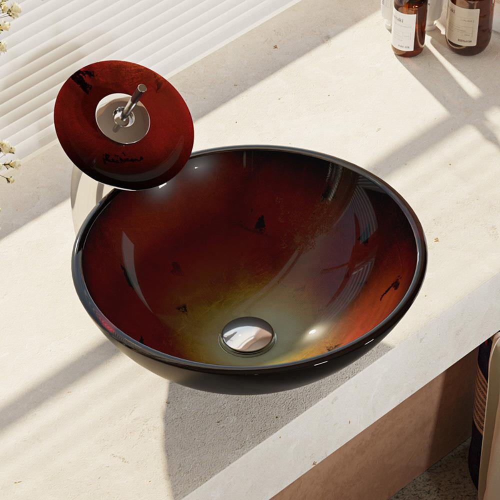 Rene R5-5007-WF-C Gradient Red Tempered Glass Vessel Round Modern Bathroom Sink with Faucet and Drain Included (16.5-in x 16.5-in)