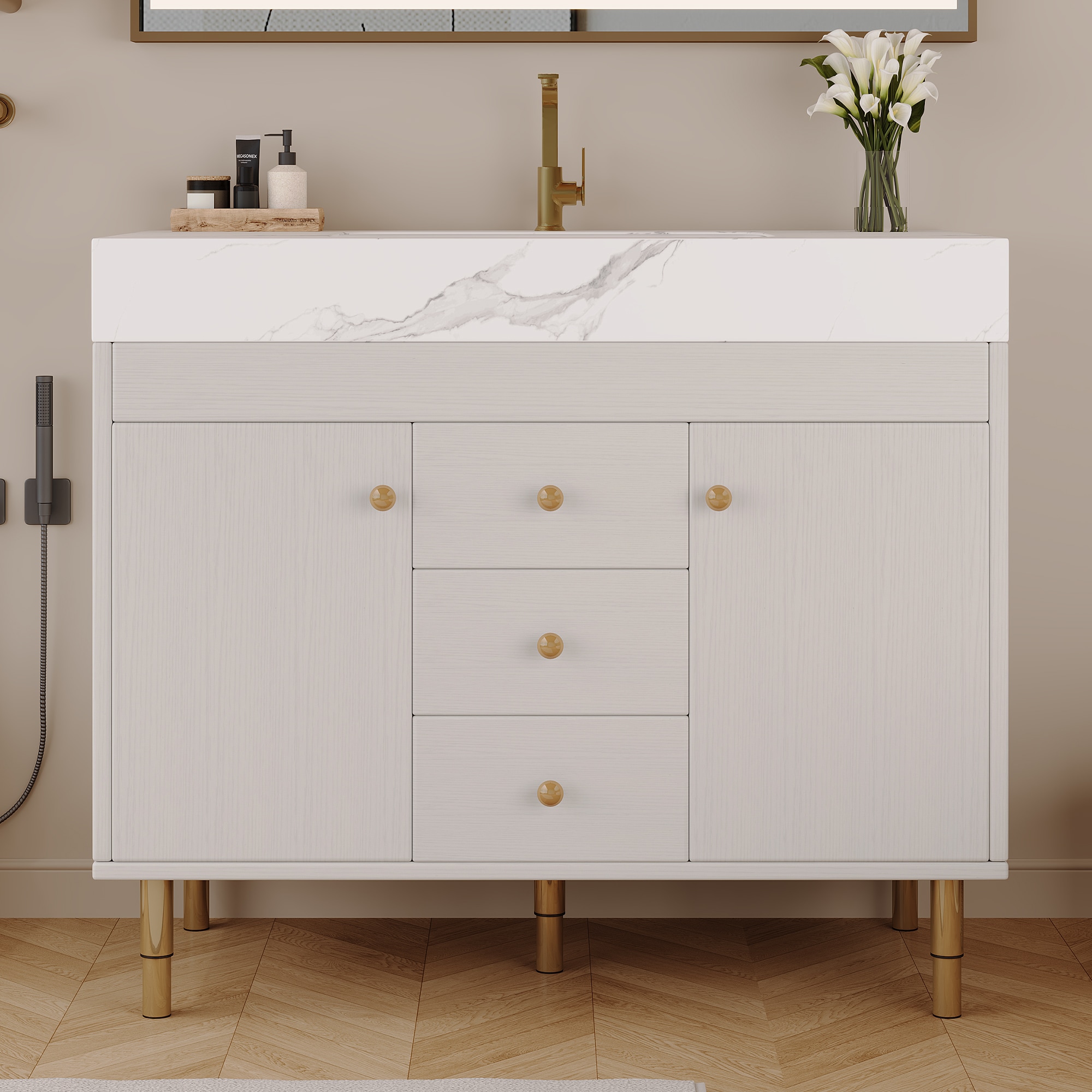 Afhocomp 36 in. Single Freestanding Antique grey white Bath Vanity with White Cultured Marble Top and White Cultured Marble Sink Assembled