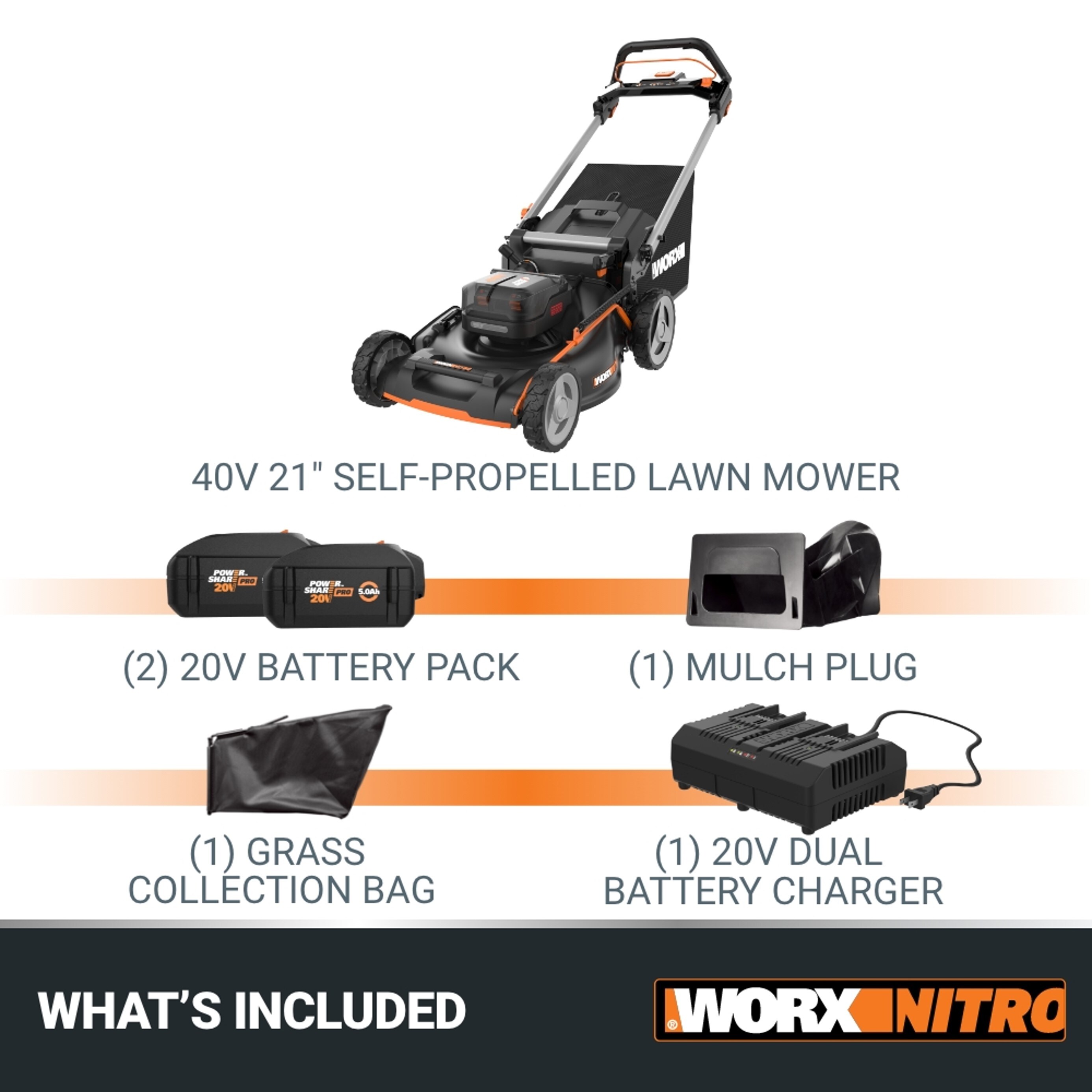 WORX 40 volt 21 in Cordless Self propelled Lawn Mower 5 Ah