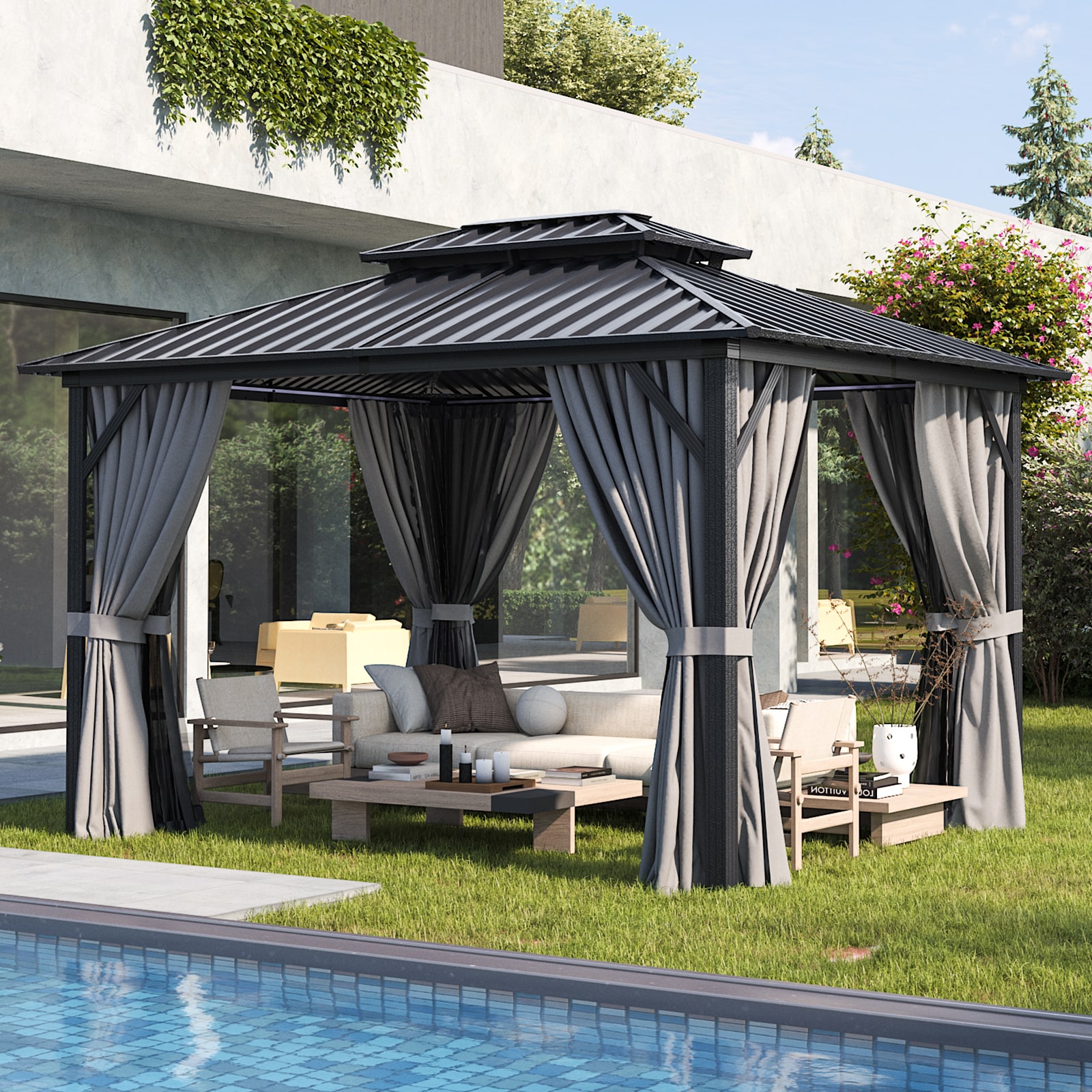 12-ft x 10-ft Gazebo Rectangle Brown Metal Steel Roof Gazebo with Screen Included | - AOXUN G30014