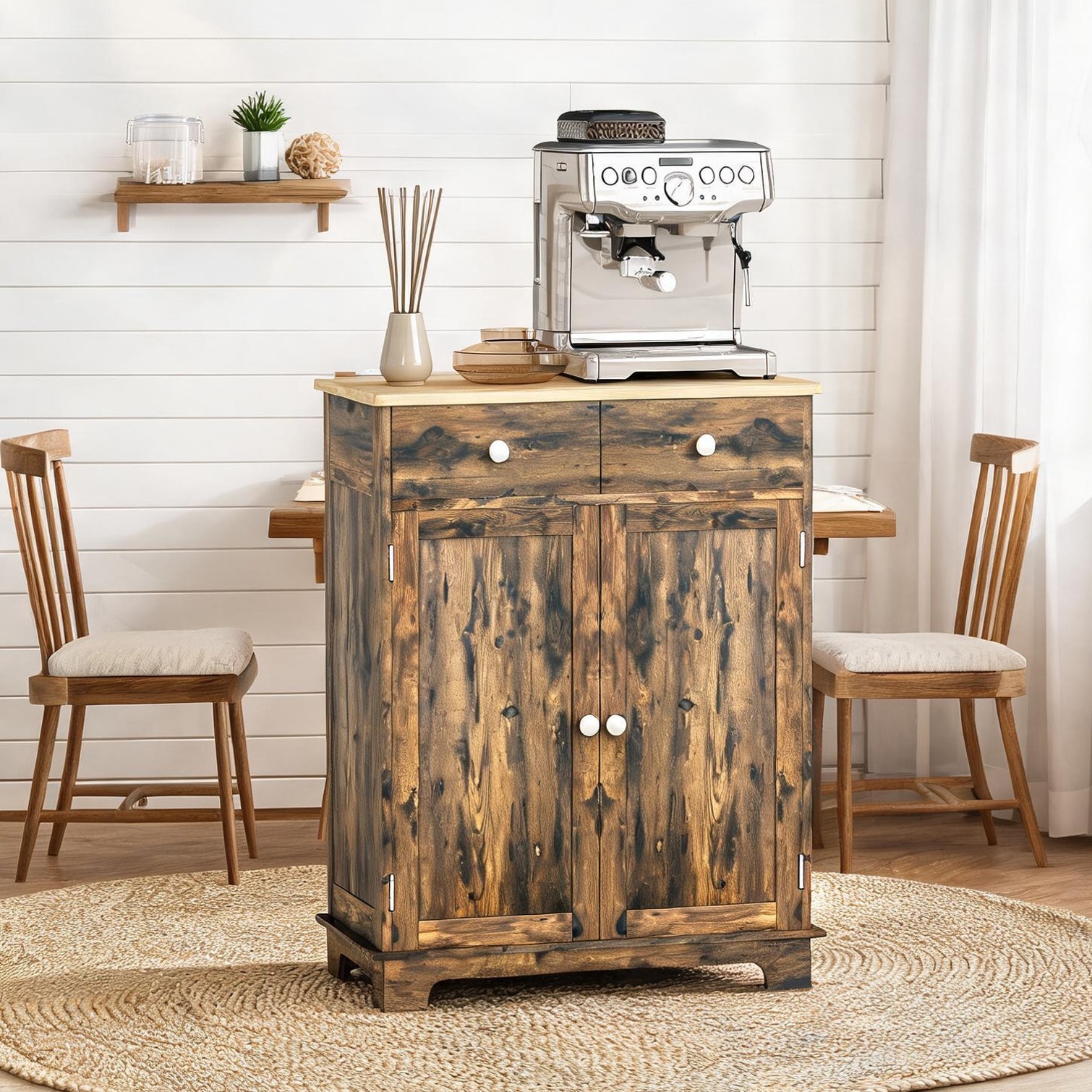 SunJet - Wood-Tone Brown Sideboard with Solid Wood Top 2 Drawers Adjustable Shelf for Dining Entr...
