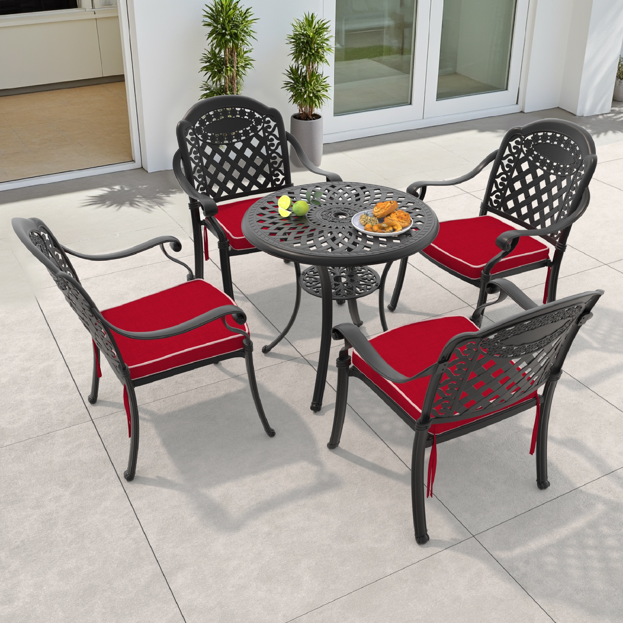 nicesure SLBK6008CZ4A1030RC 5 -Piece Black Patio Dining Set Aluminum Round Table with 4 Cushions Stackable Stationary Chairs