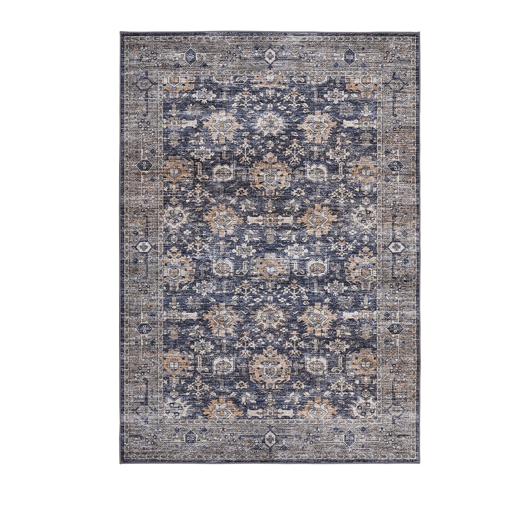 Qeetex LSN-PHO-162T5QFH 2 x 6 ft Polyester Dark Blue Rectangular Hallway Bathroom Entryway Kitchen Office Foldable Flower Printed Modern Washable Area Rug