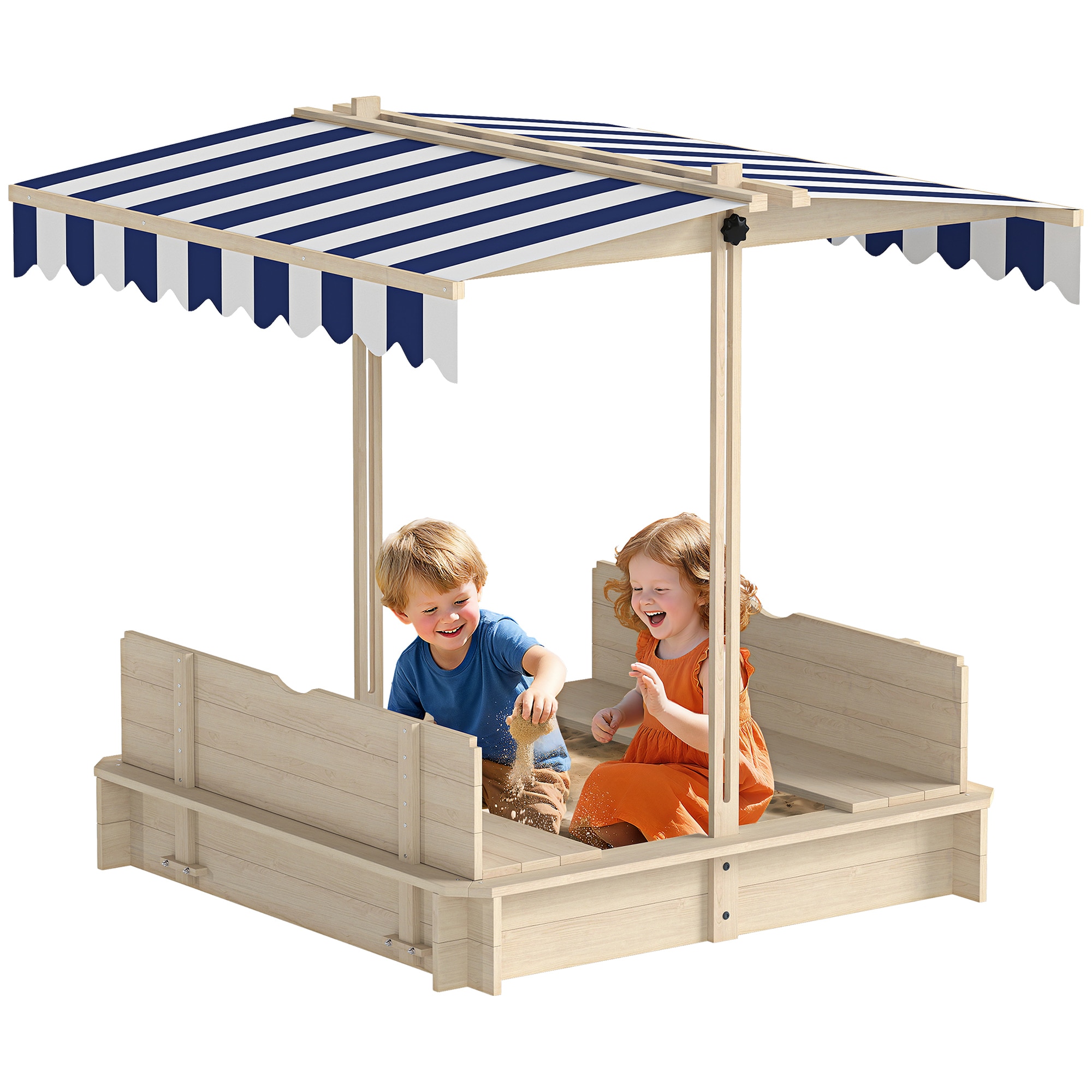 Outsunny 343-029  Covered Sandbox with Lid with Adjustable Canopy for Kids Outdoor Play Equipment with Benches Backyard Outdoor Activity Sensory Toy Wood