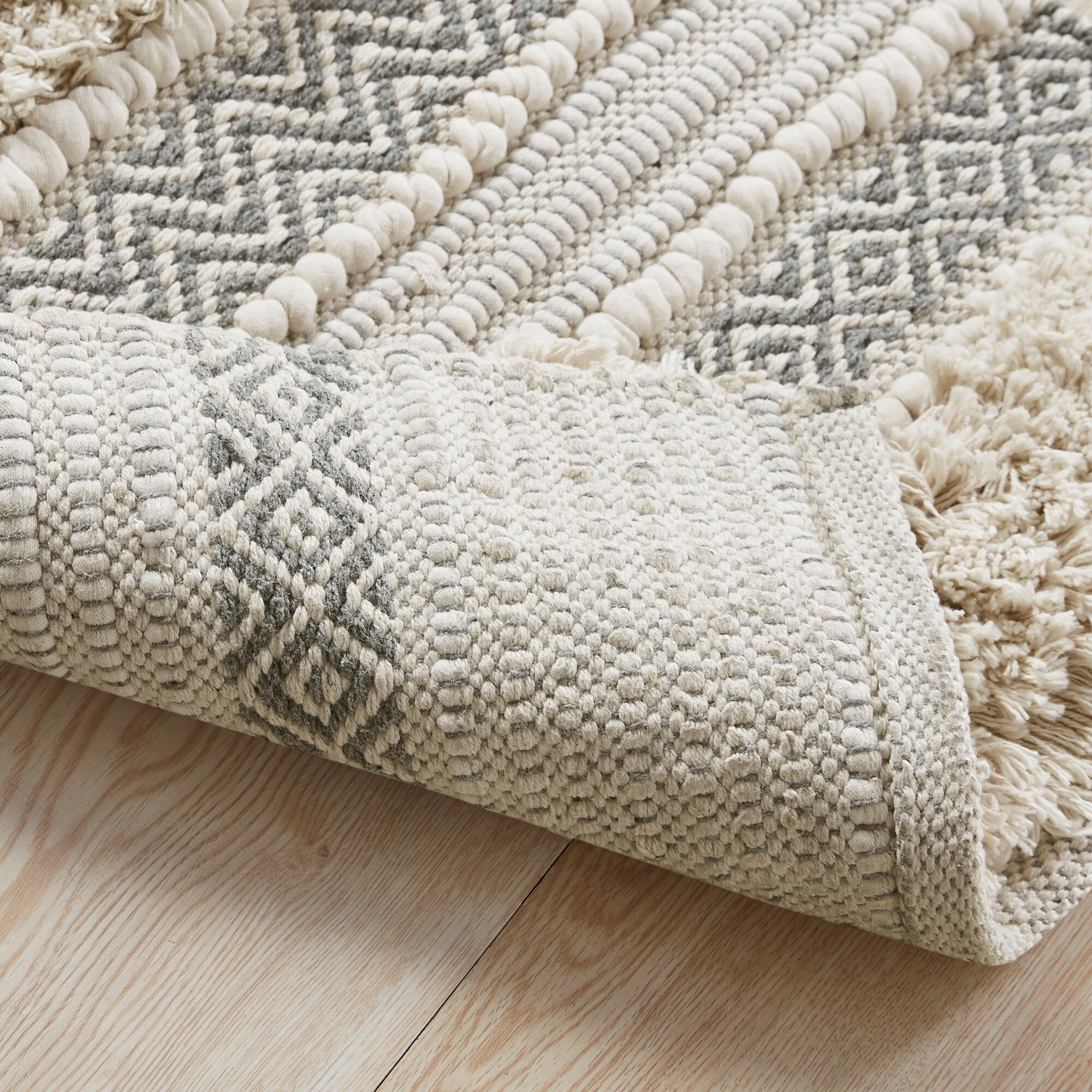Nordic Shaggy Grey and Beige Patterned Bathroom Rug