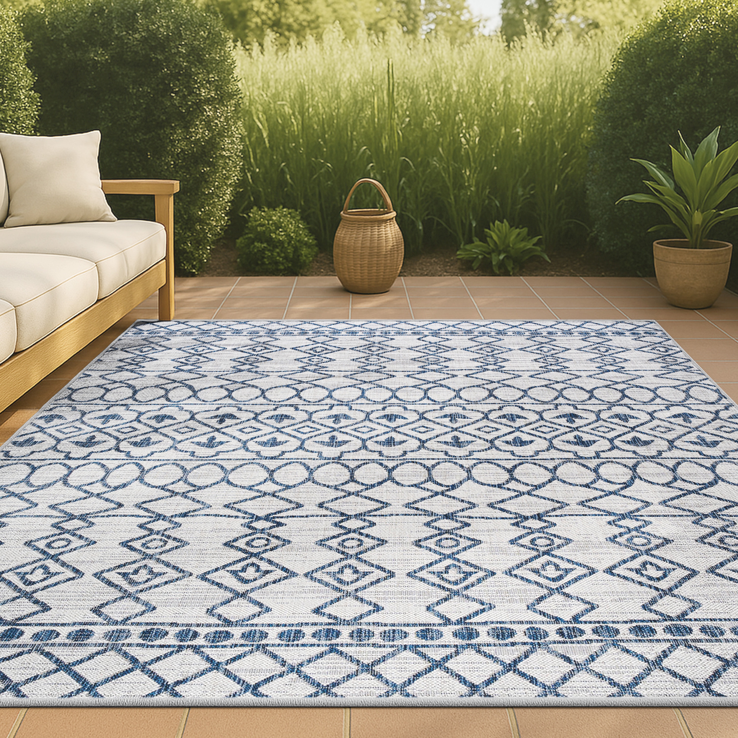 JONATHAN  Y SMB130C-4 Santa Monica Kafel Tribal 4 x 6 (ft) Loomed Polypropylene Ivory/Blue Rectangular Indoor/Outdoor Trellis Bohemian/Eclectic Area rug